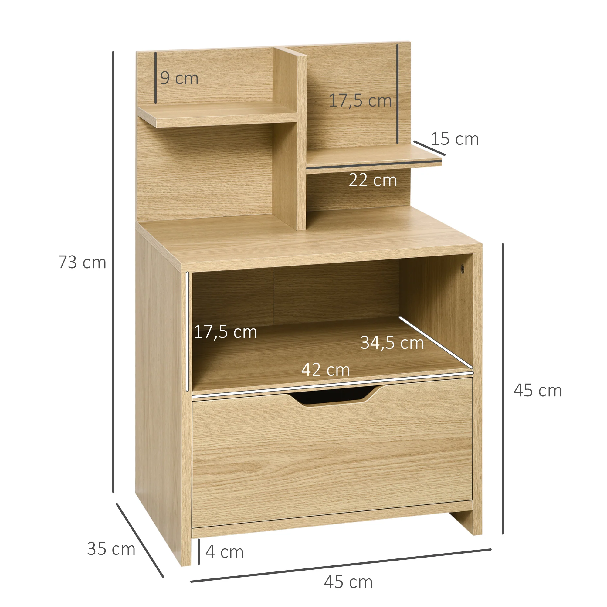Table de chevet table de nuit avec tiroir, niche et étagères de rangement effet bois - 45 x 35 x 73 cm naturel - Image 4