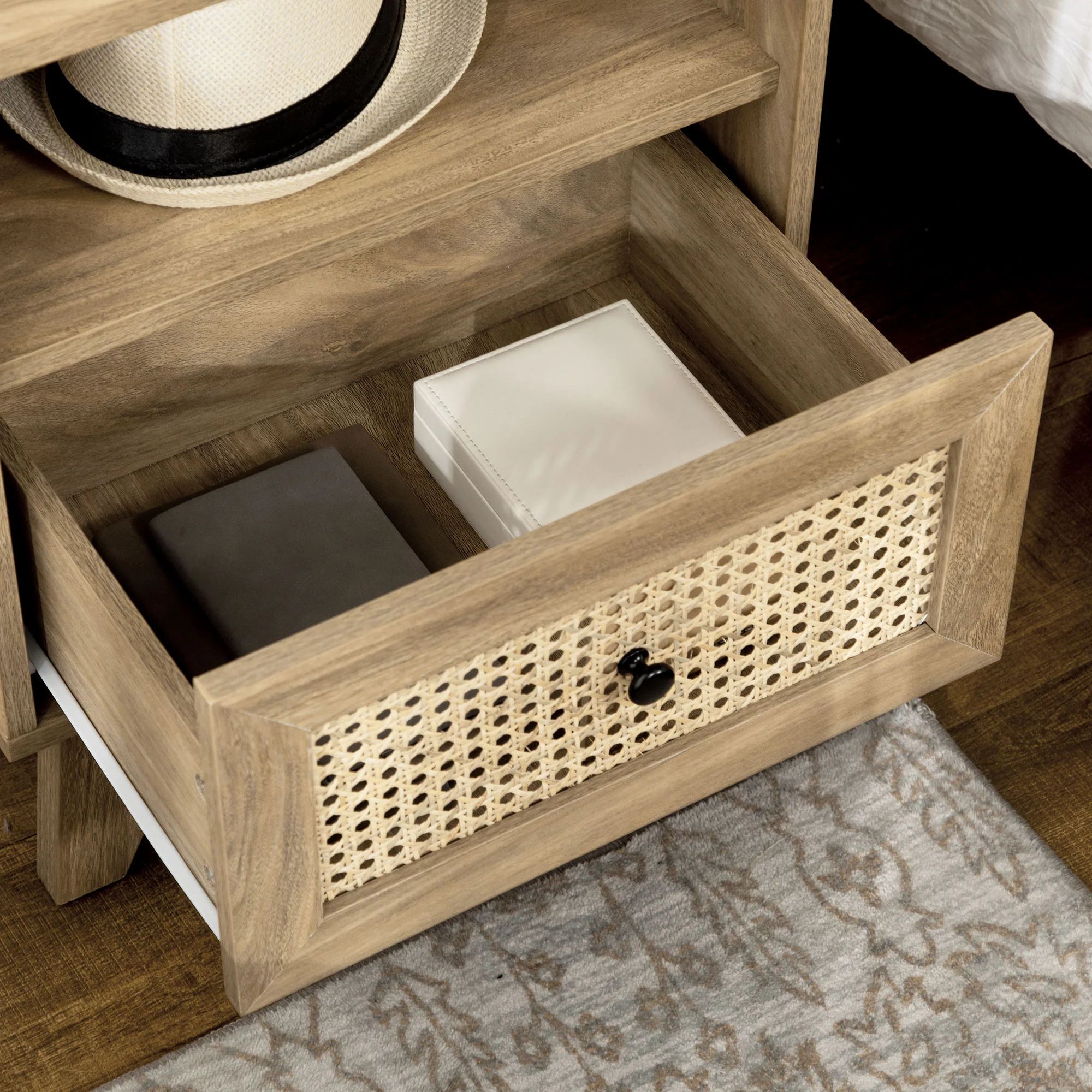 Table de chevet table de nuit meuble de rangement avec tiroir porte cannage et niche design vintage 45 x 39 x 56,5 cm - Image 10