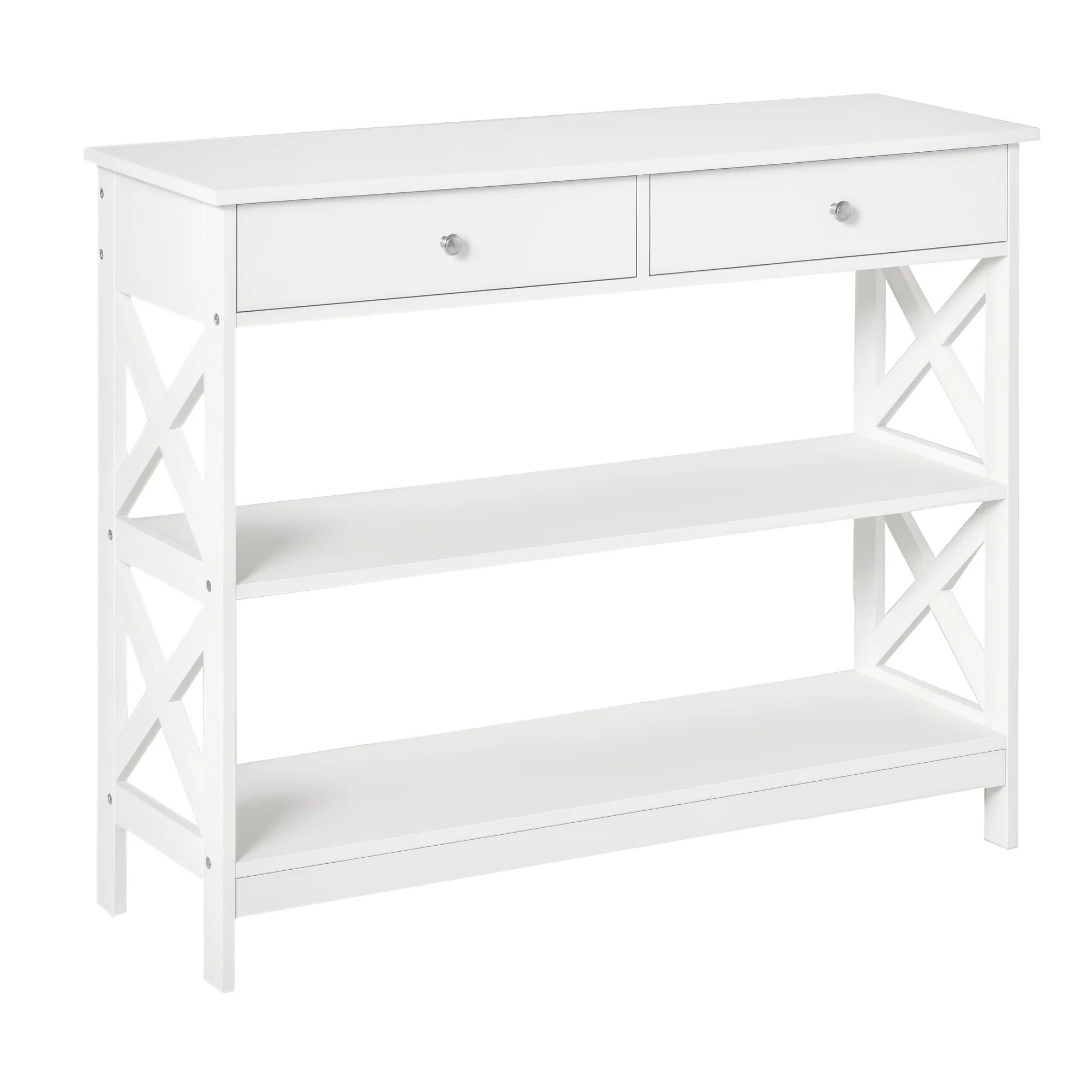 Table de console table d'entrée style table de drapier néo-rétro 2 tiroirs 2 étagères dim. 100L x 30.5l x 80H cm en bois Blanc - Image 11