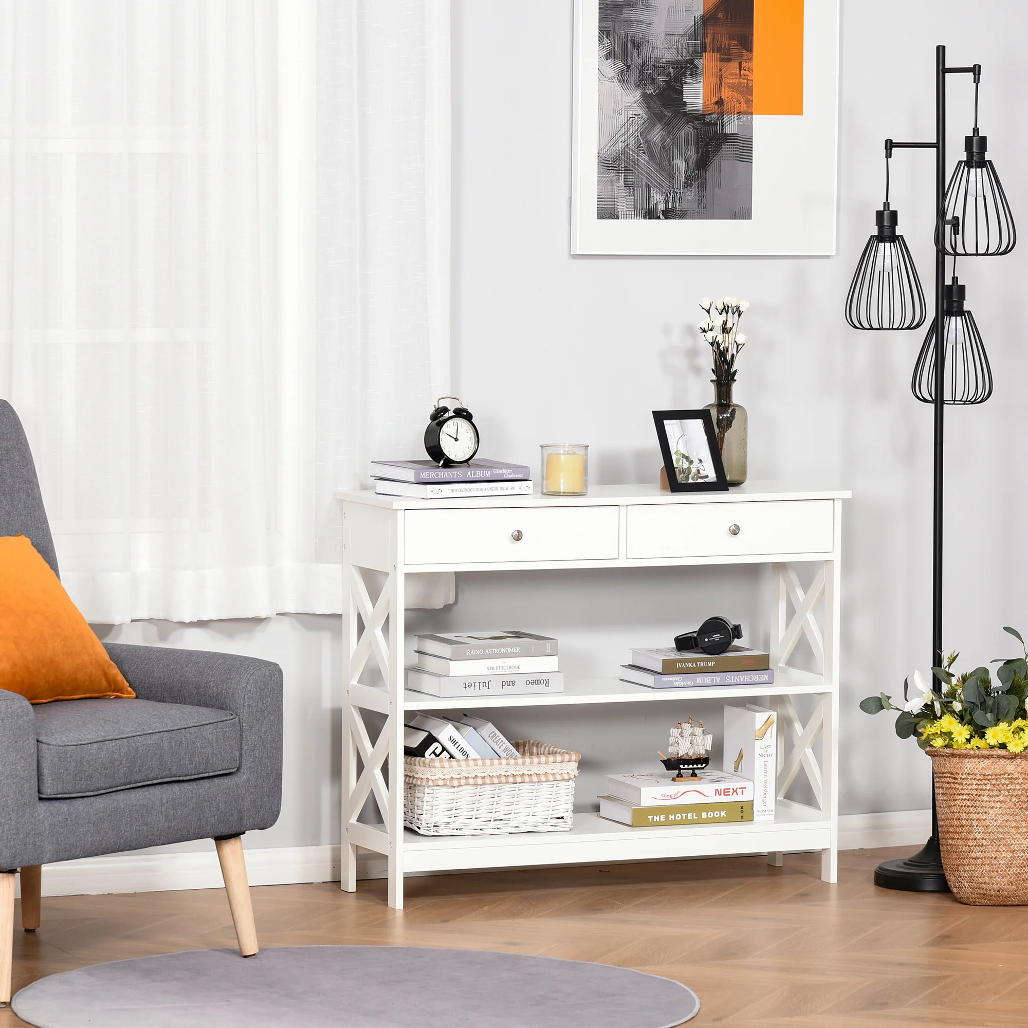 Table de console table d'entrée style table de drapier néo-rétro 2 tiroirs 2 étagères dim. 100L x 30.5l x 80H cm en bois Blanc - Image 3