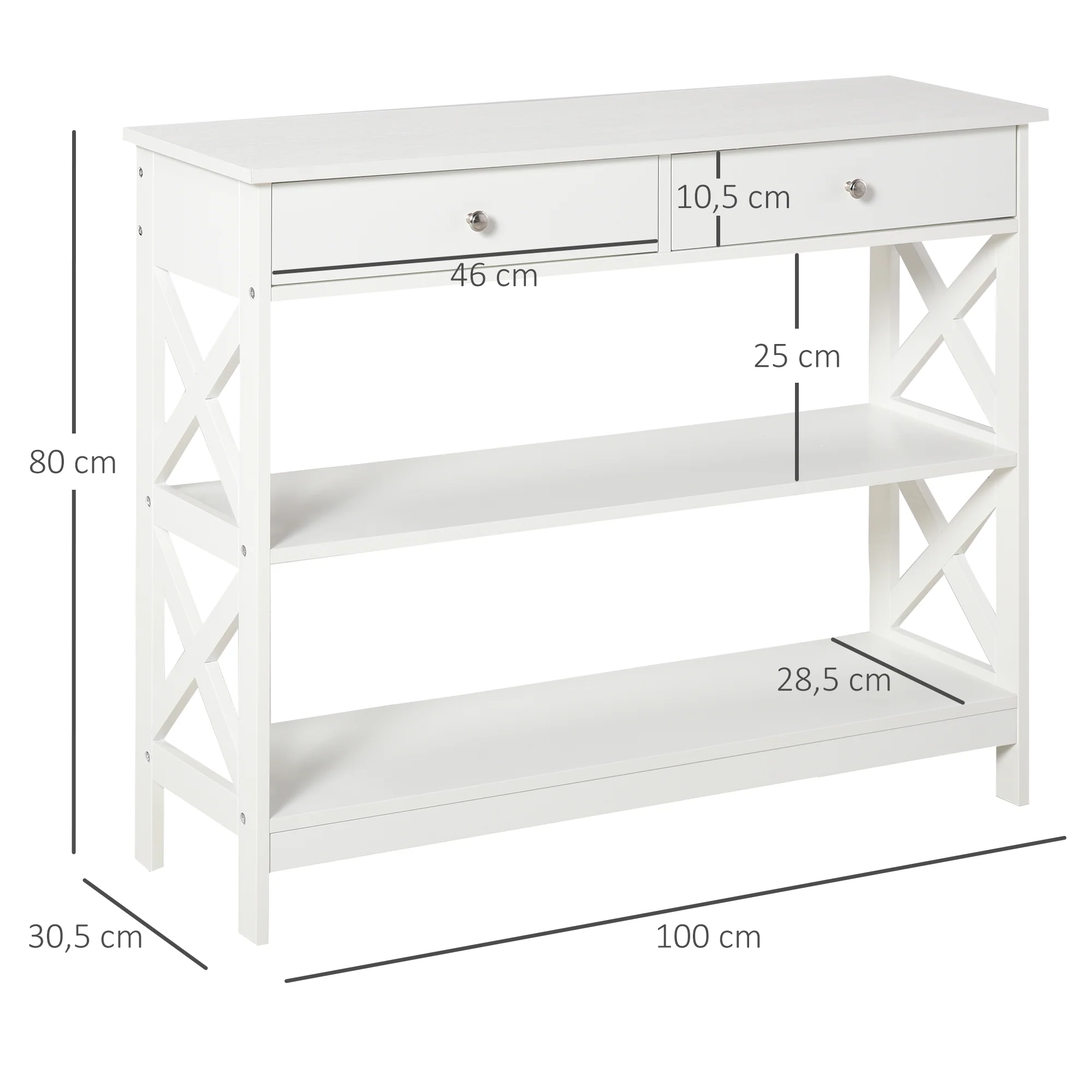 Table de console table d'entrée style table de drapier néo-rétro 2 tiroirs 2 étagères dim. 100L x 30.5l x 80H cm en bois Blanc - Image 4