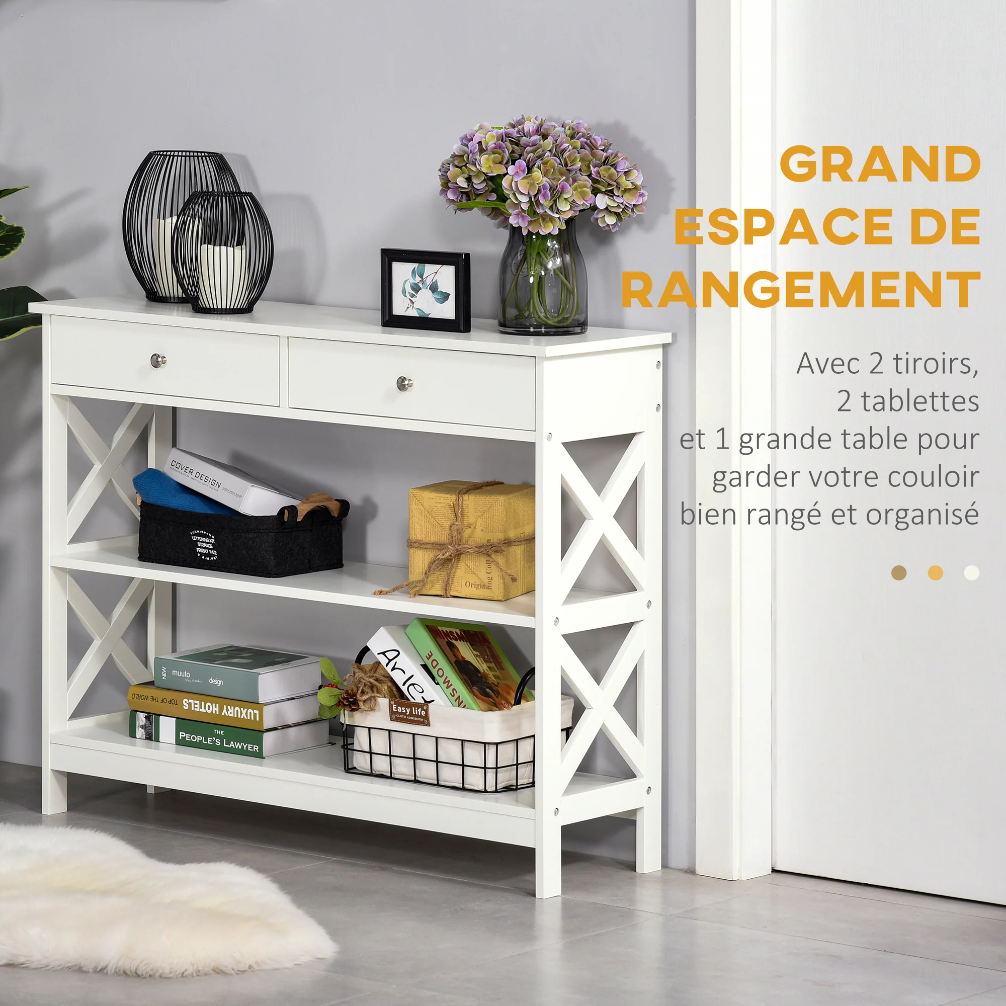 Table de console table d'entrée style table de drapier néo-rétro 2 tiroirs 2 étagères dim. 100L x 30.5l x 80H cm en bois Blanc - Image 5