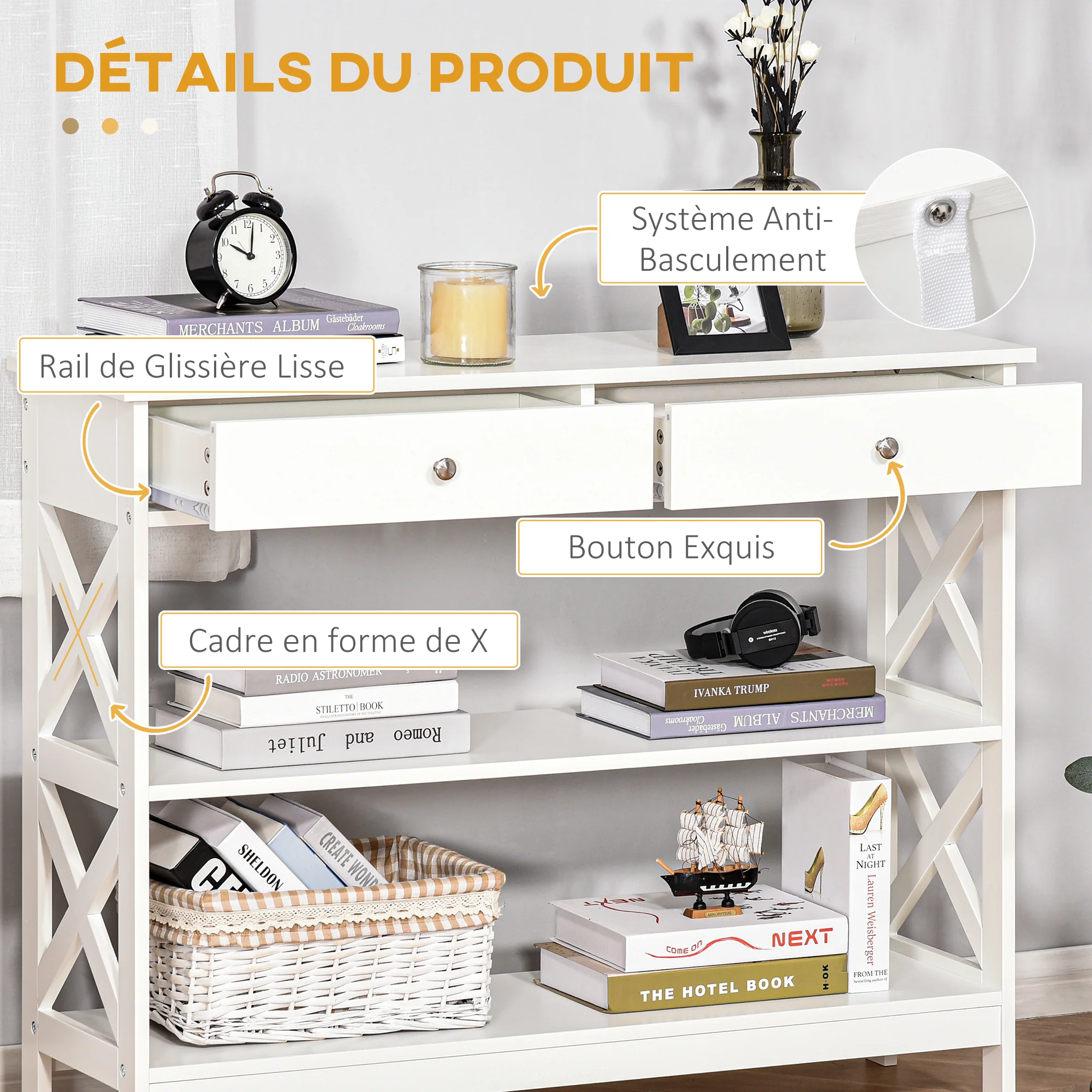Table de console table d'entrée style table de drapier néo-rétro 2 tiroirs 2 étagères dim. 100L x 30.5l x 80H cm en bois Blanc - Image 6