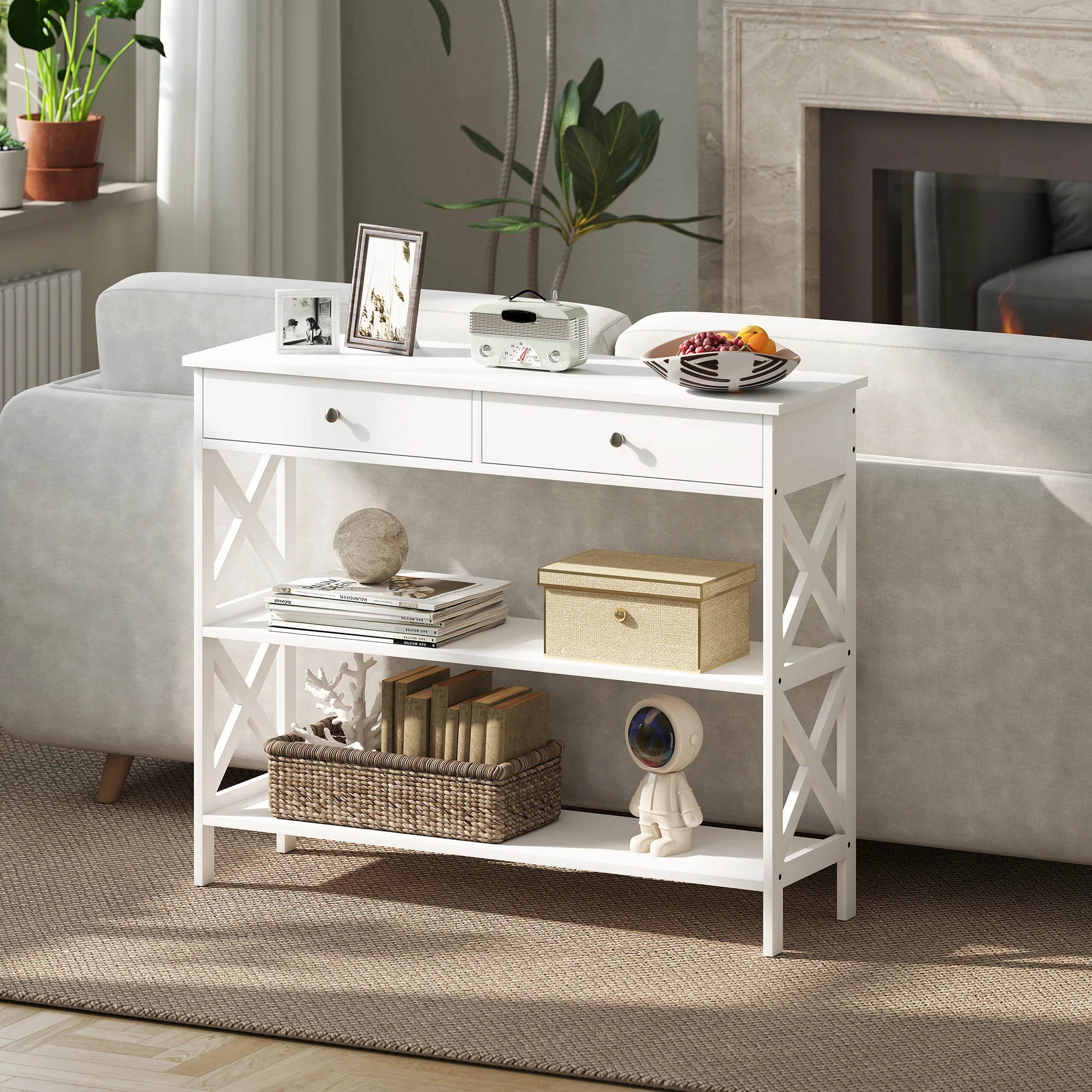 Table de console table d'entrée style table de drapier néo-rétro 2 tiroirs 2 étagères dim. 100L x 30.5l x 80H cm en bois Blanc - Image 8