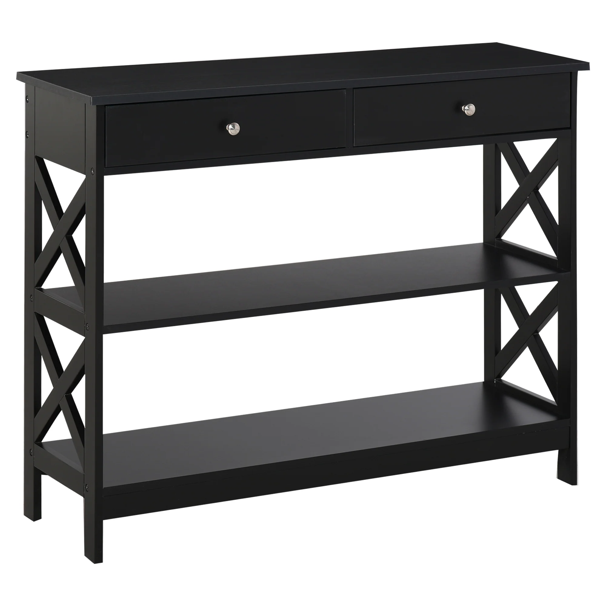 Table de console table d'entrée style table de drapier néo-rétro 2 tiroirs 2 étagères dim. 100L x 30.5l x 80H cm MDF noir - Image 2