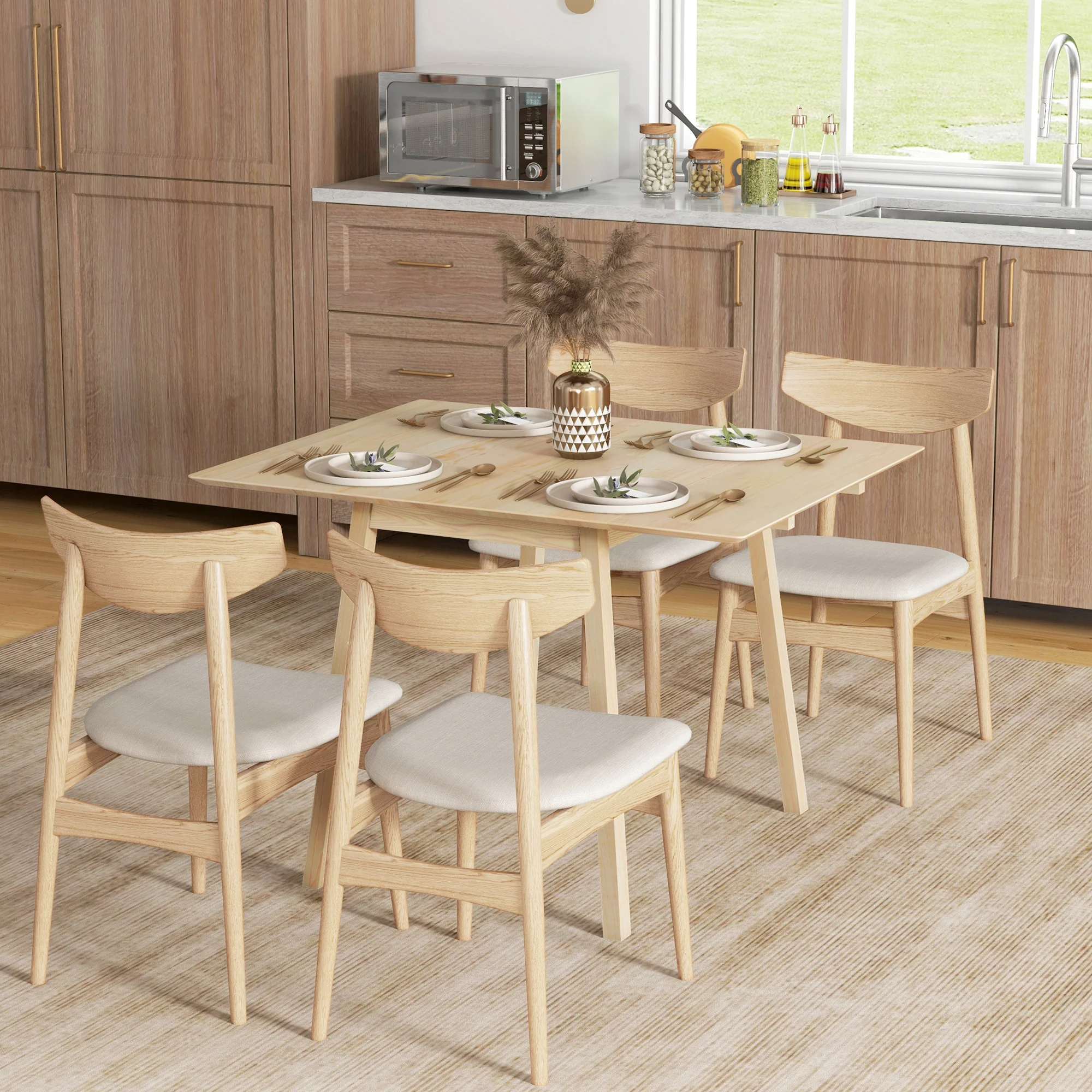 Table de cuisine pliable table à manger pliante avec plateau rabattable en bois pour 2 à 4 personnes, bois naturel - Image 3