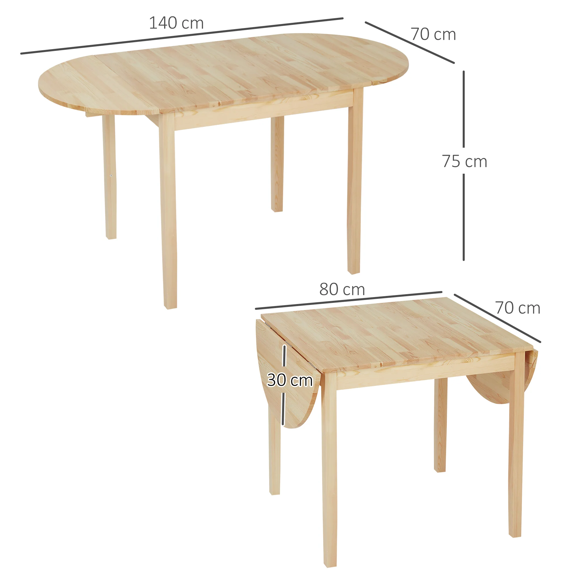 Table de salle à manger pliante pour 4-6 personnes en bois massif 2 abattants - table ovale extensible - peu encombrante, pour petit espace, 140L x 70l x 75H cm - Image 4