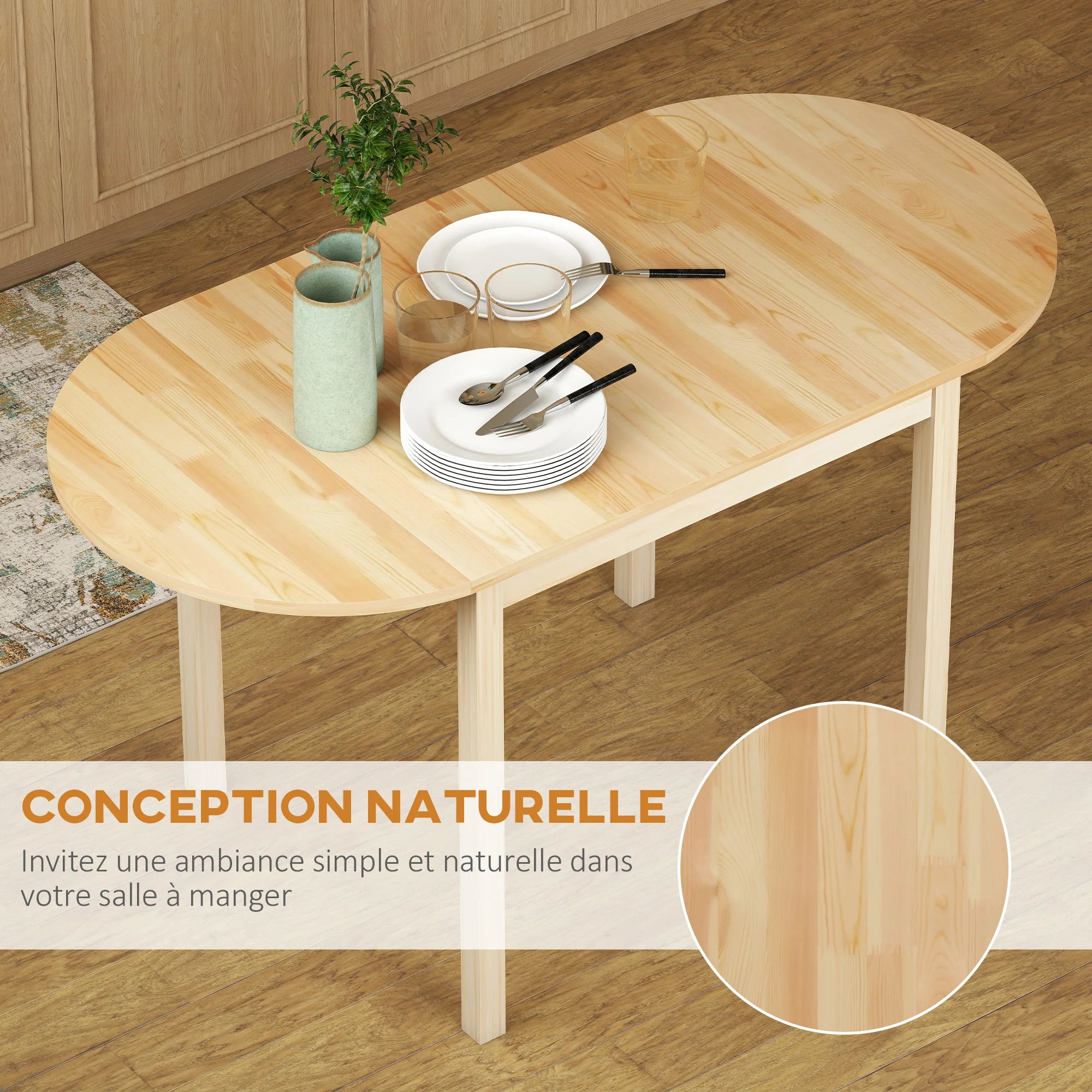 Table de salle à manger pliante pour 4-6 personnes en bois massif 2 abattants - table ovale extensible - peu encombrante, pour petit espace, 140L x 70l x 75H cm - Image 5