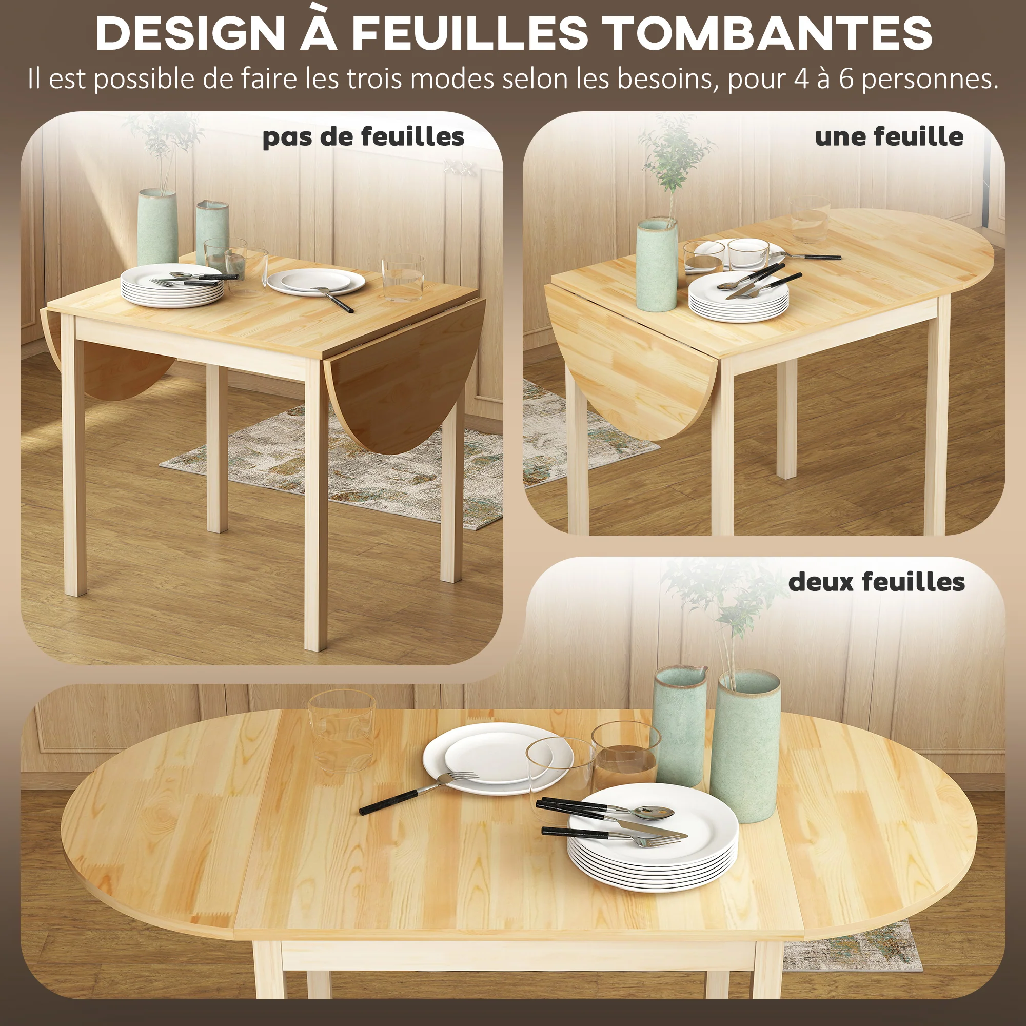 Table de salle à manger pliante pour 4-6 personnes en bois massif 2 abattants - table ovale extensible - peu encombrante, pour petit espace, 140L x 70l x 75H cm - Image 6