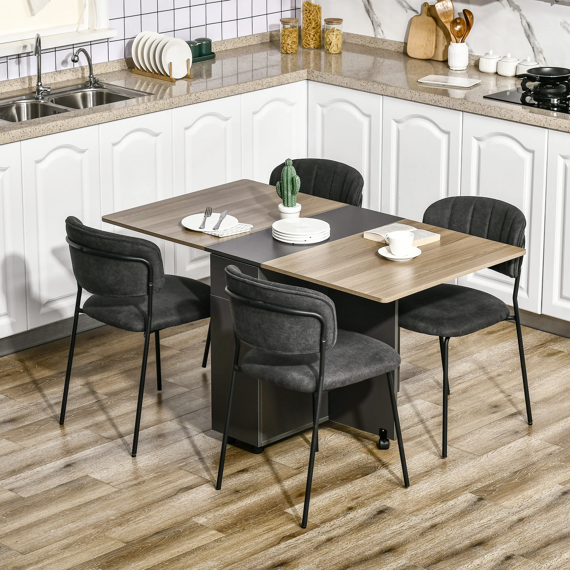 Table de salle à manger pliante sur roulettes avec rangement 2 tiroirs et 1 placard 76 x 140 x 74 cm gris et bois naturel - Image 3