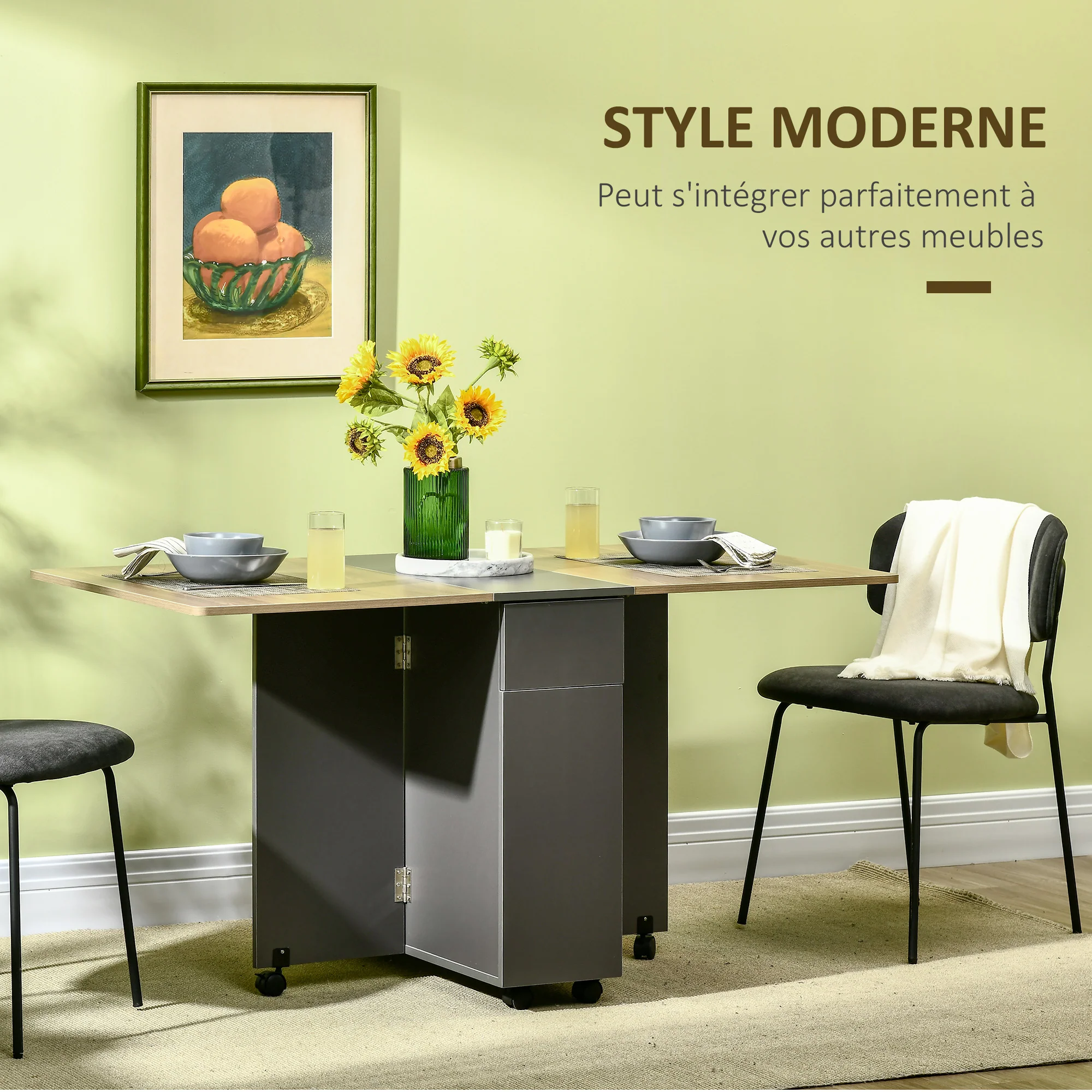 Table de salle à manger pliante sur roulettes avec rangement 2 tiroirs et 1 placard 76 x 140 x 74 cm gris et bois naturel - Image 5