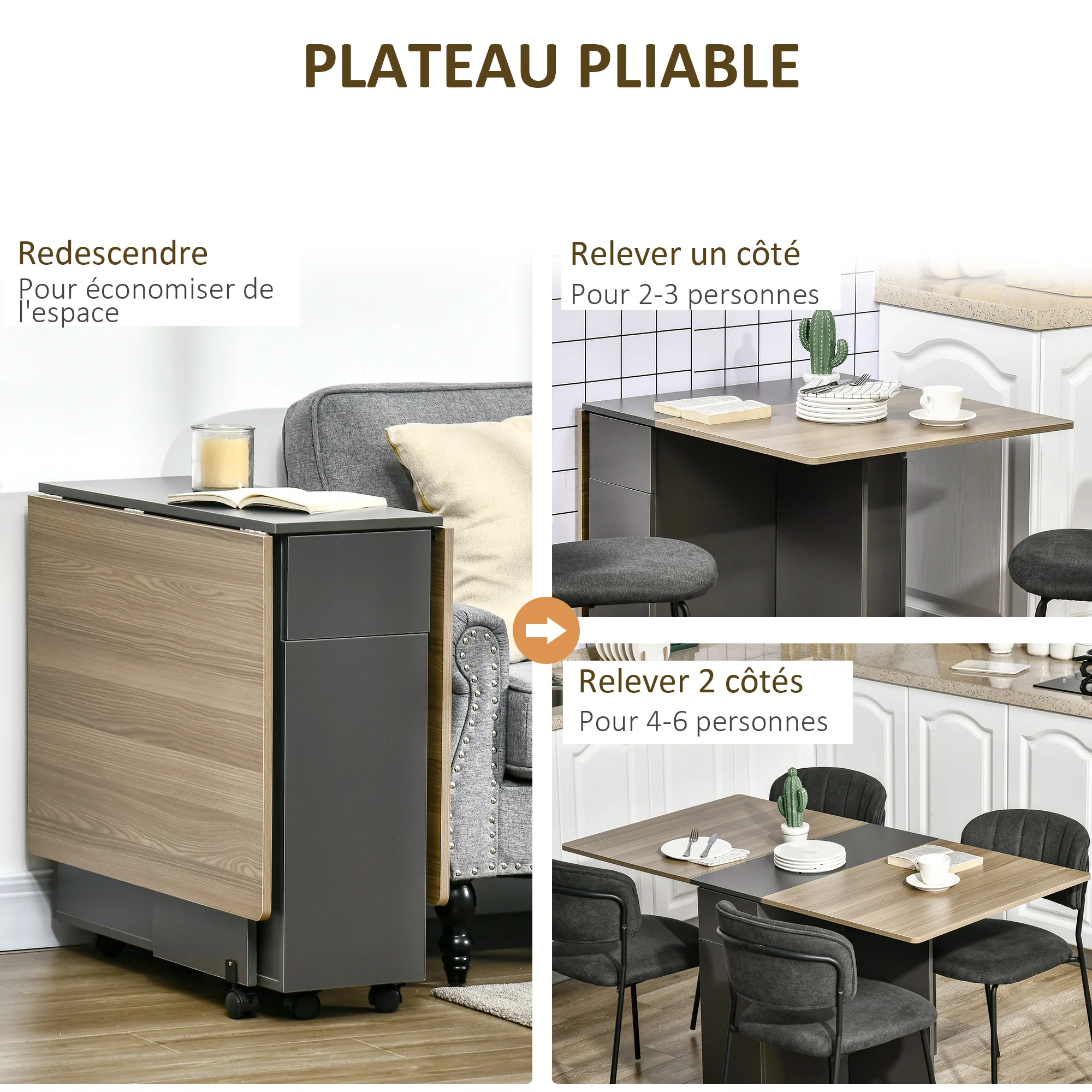 Table de salle à manger pliante sur roulettes avec rangement 2 tiroirs et 1 placard 76 x 140 x 74 cm gris et bois naturel - Image 6