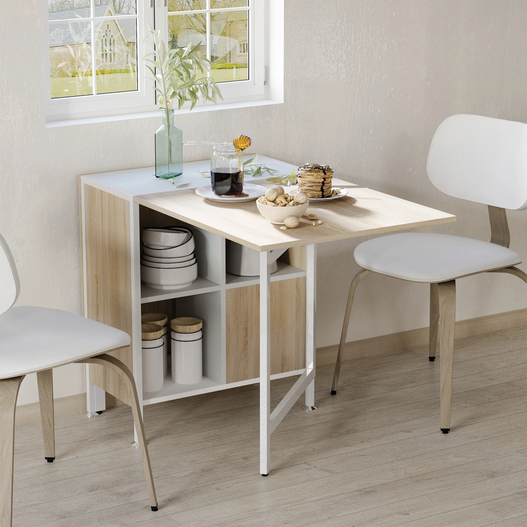 Table pliable de cuisine pour 4 personnes table à manger 4 niches intégrées pour petit espace dim. dépliées 169L x 62l x 75H cm MDF chêne clair acier blanc - Image 10