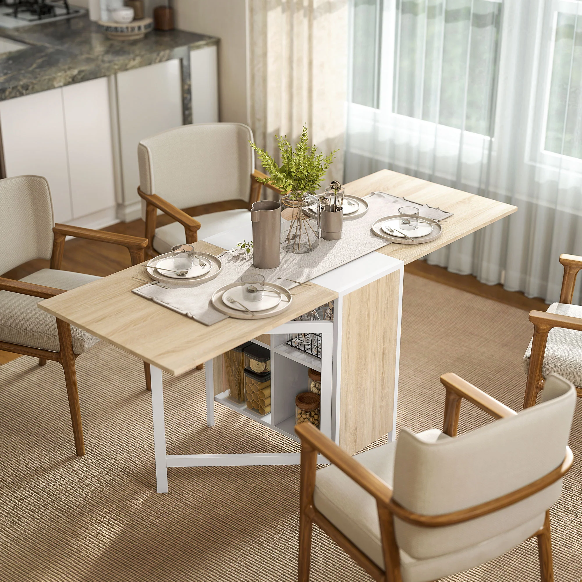 Table pliable de cuisine pour 4 personnes table à manger 4 niches intégrées pour petit espace dim. dépliées 169L x 62l x 75H cm MDF chêne clair acier blanc - Image 3