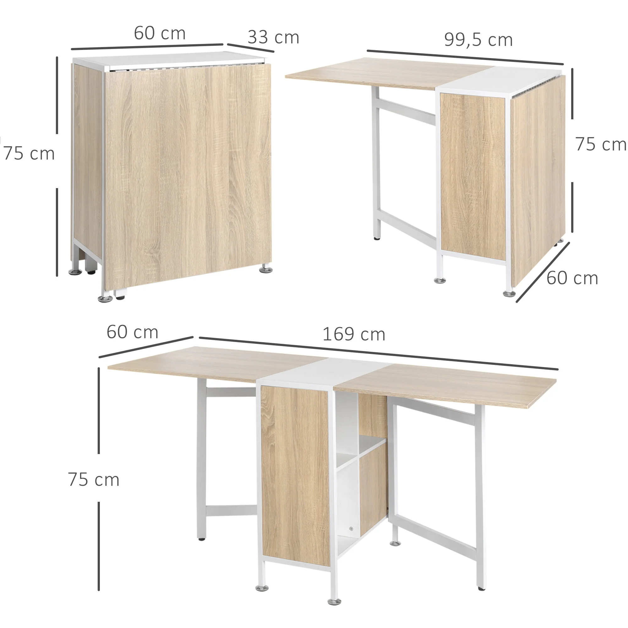 Table pliable de cuisine pour 4 personnes table à manger 4 niches intégrées pour petit espace dim. dépliées 169L x 62l x 75H cm MDF chêne clair acier blanc - Image 4