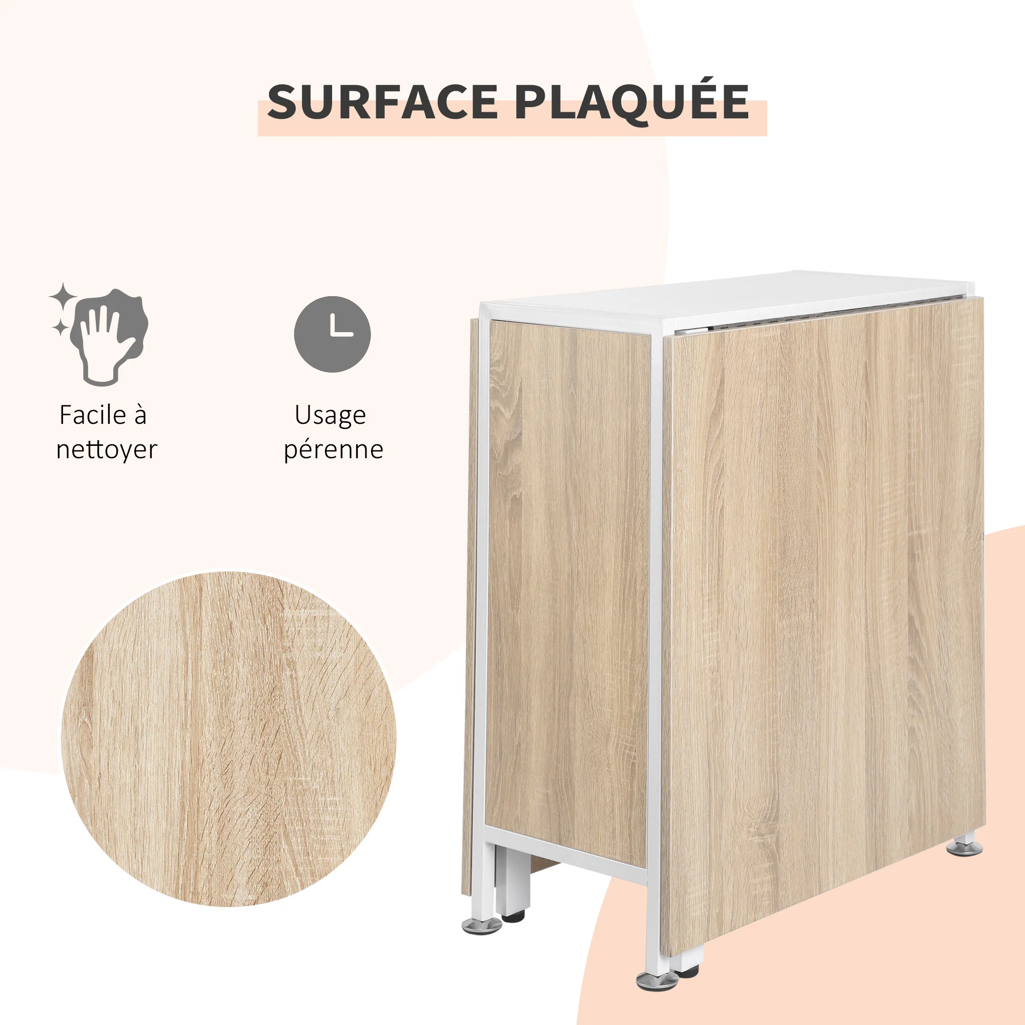 Table pliable de cuisine pour 4 personnes table à manger 4 niches intégrées pour petit espace dim. dépliées 169L x 62l x 75H cm MDF chêne clair acier blanc - Image 5