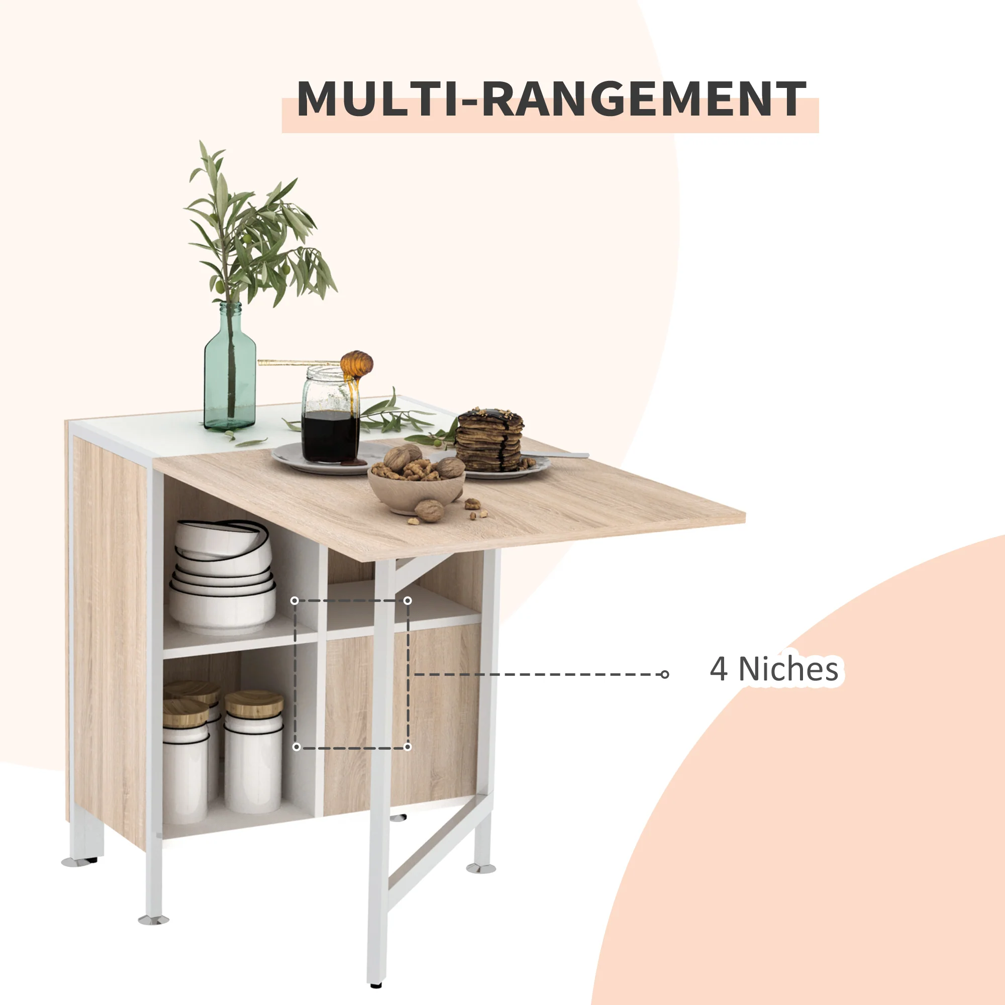 Table pliable de cuisine pour 4 personnes table à manger 4 niches intégrées pour petit espace dim. dépliées 169L x 62l x 75H cm MDF chêne clair acier blanc - Image 7