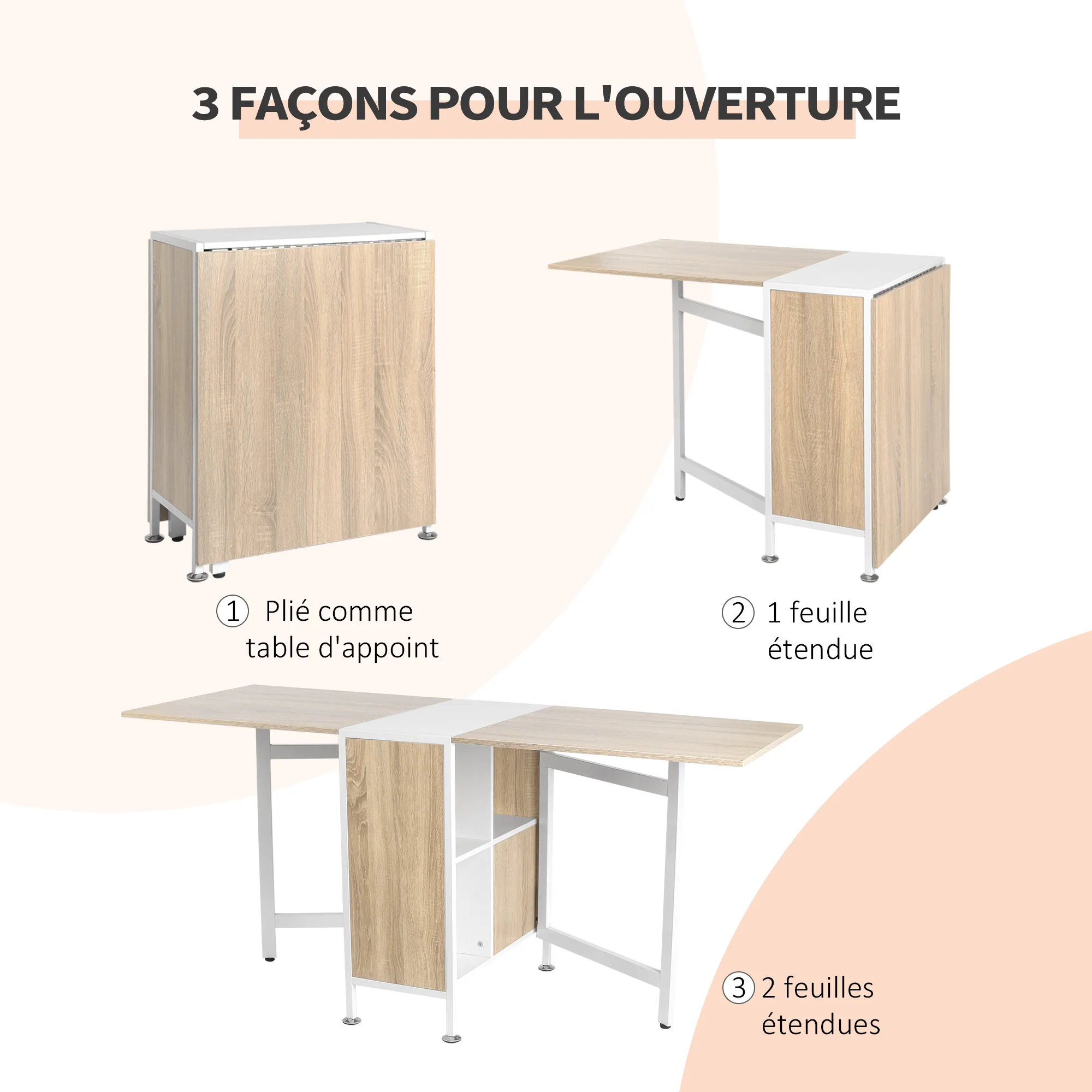 Table pliable de cuisine pour 4 personnes table à manger 4 niches intégrées pour petit espace dim. dépliées 169L x 62l x 75H cm MDF chêne clair acier blanc - Image 8