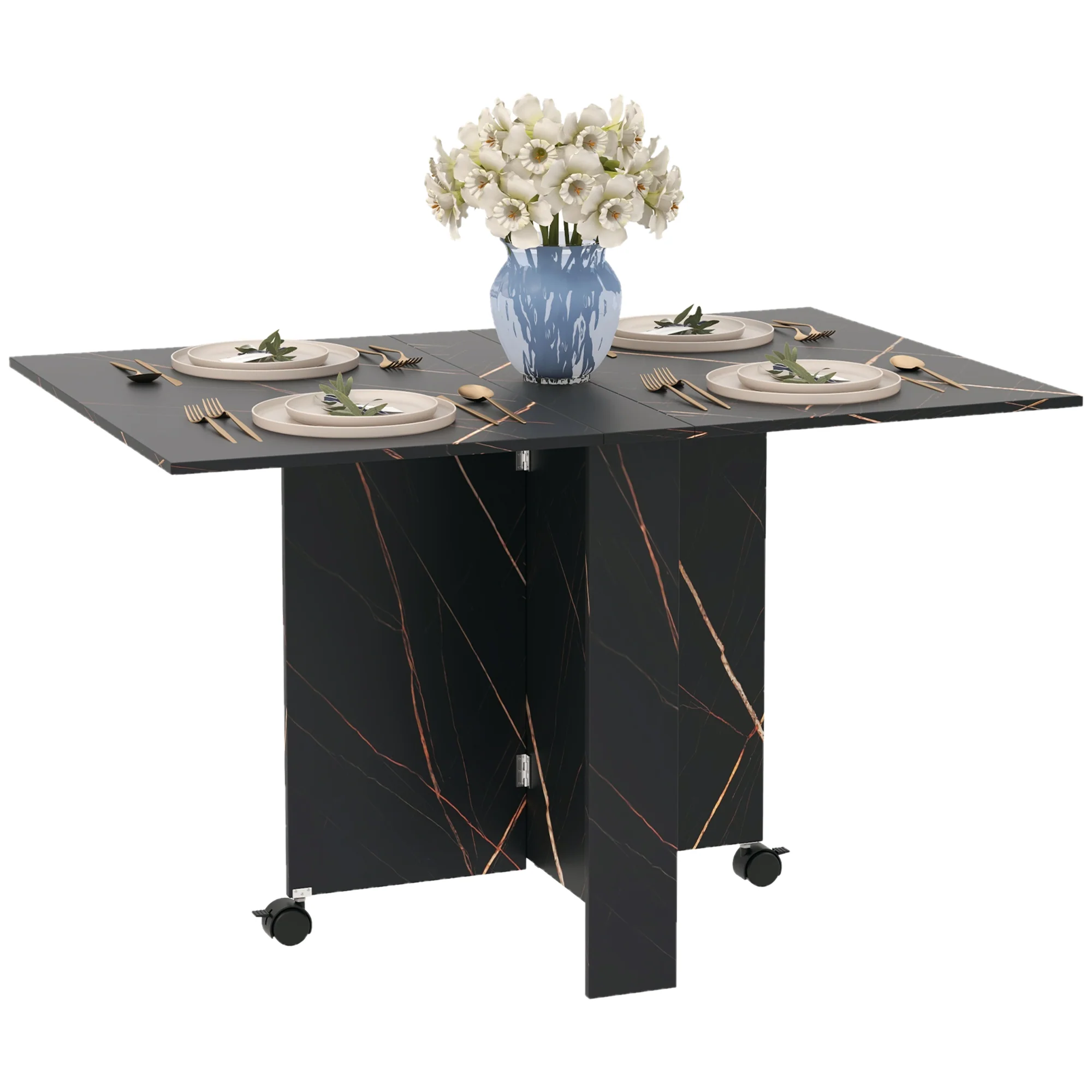 Table pliante cuisine, table à manger pliable, avec 2 abattants, 2 roues avec freins, pour 6 personnes, charge 20 kg, 120 x 80 x 73 cm, noir marbré imitation