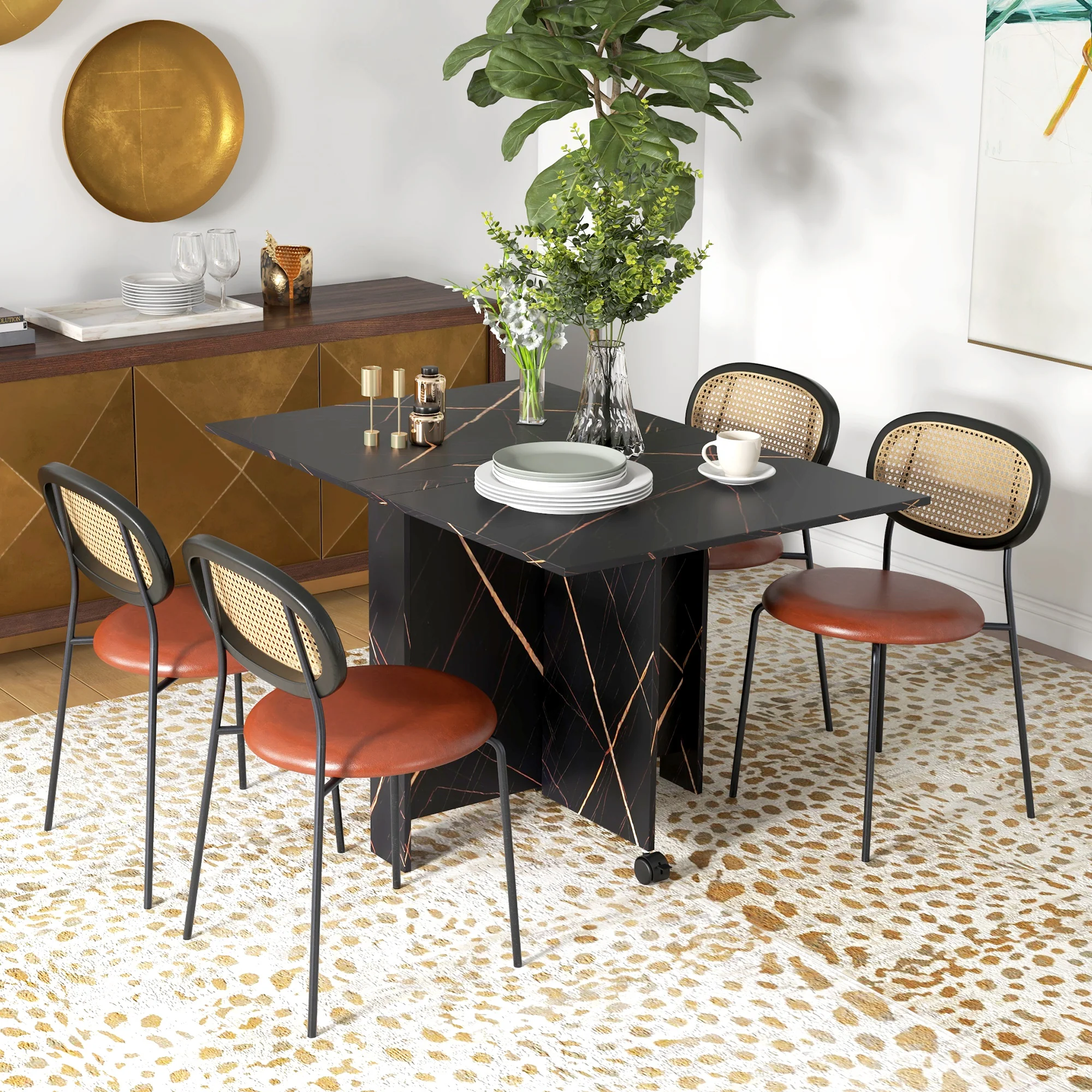 Table pliante cuisine, table à manger pliable, avec 2 abattants, 2 roues avec freins, pour 6 personnes, charge 20 kg, 120 x 80 x 73 cm, noir marbré imitation - Image 3
