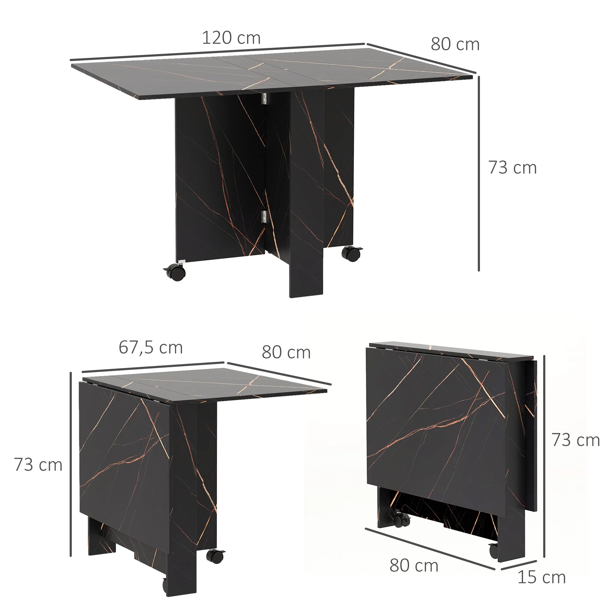 Table pliante cuisine, table à manger pliable, avec 2 abattants, 2 roues avec freins, pour 6 personnes, charge 20 kg, 120 x 80 x 73 cm, noir marbré imitation - Image 4
