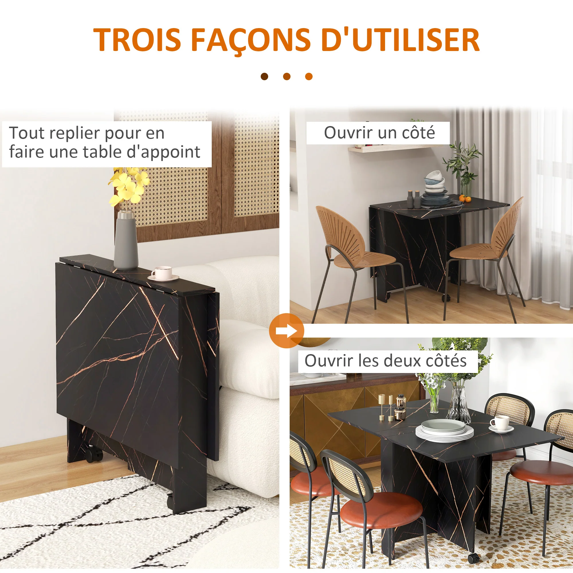Table pliante cuisine, table à manger pliable, avec 2 abattants, 2 roues avec freins, pour 6 personnes, charge 20 kg, 120 x 80 x 73 cm, noir marbré imitation - Image 5