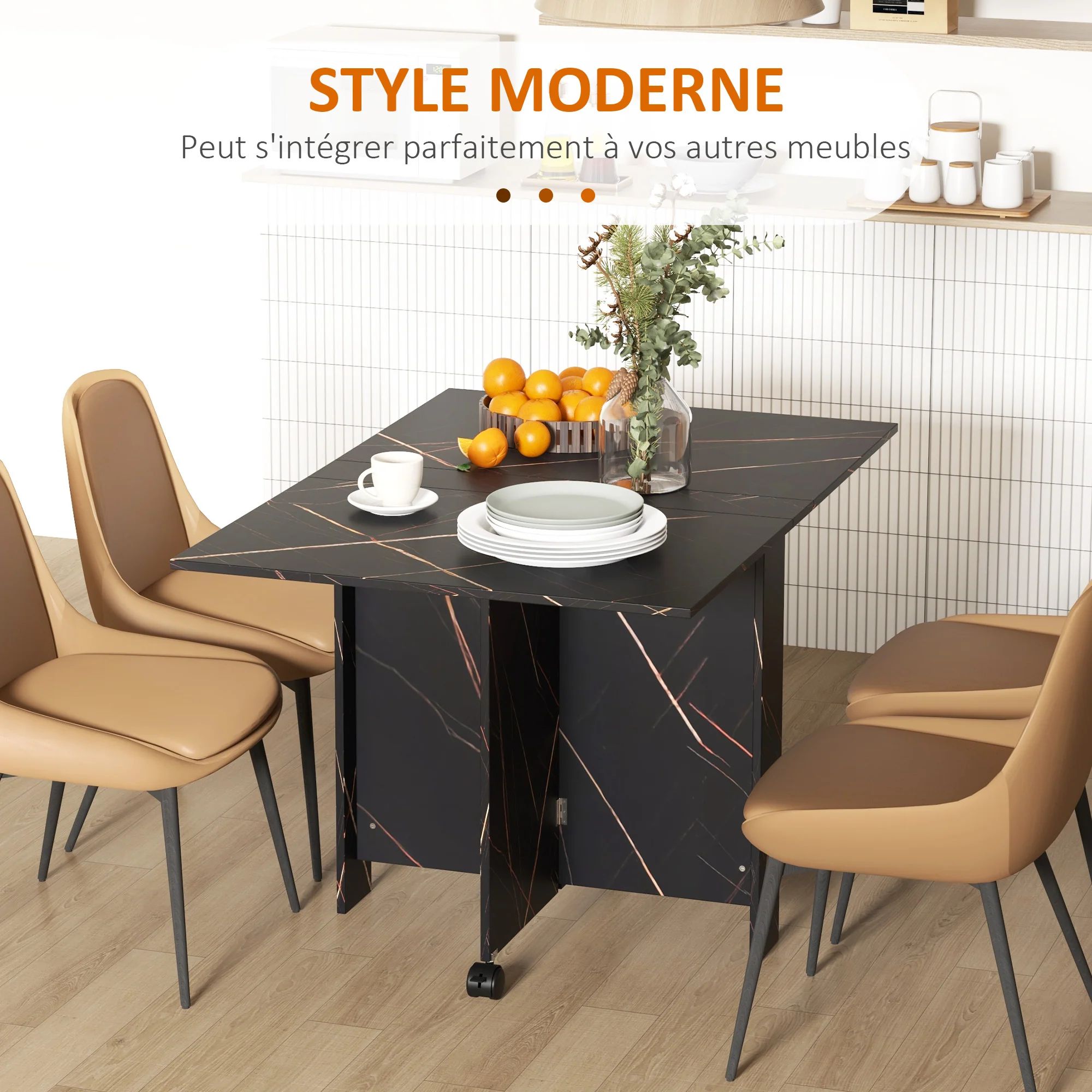 Table pliante cuisine, table à manger pliable, avec 2 abattants, 2 roues avec freins, pour 6 personnes, charge 20 kg, 120 x 80 x 73 cm, noir marbré imitation - Image 7