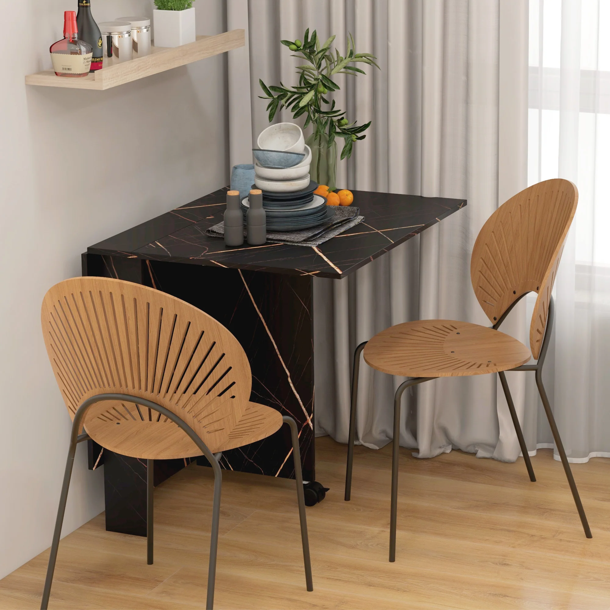 Table pliante cuisine, table à manger pliable, avec 2 abattants, 2 roues avec freins, pour 6 personnes, charge 20 kg, 120 x 80 x 73 cm, noir marbré imitation - Image 9
