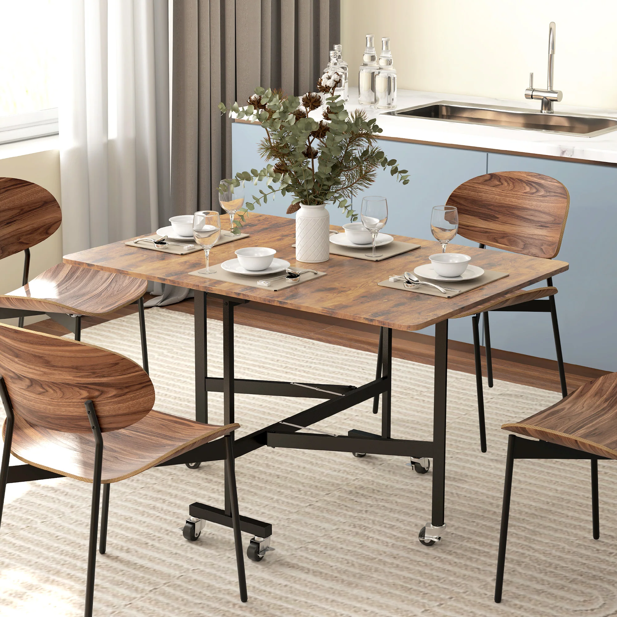 Table pliante cuisine, table à manger pliable, avec 2 abattants, 6 roues avec freins, pour 4-6 personnes, charge 100 kg, pieds en acier, 120 x 80 x 73 cm, brun rustique - Image 3
