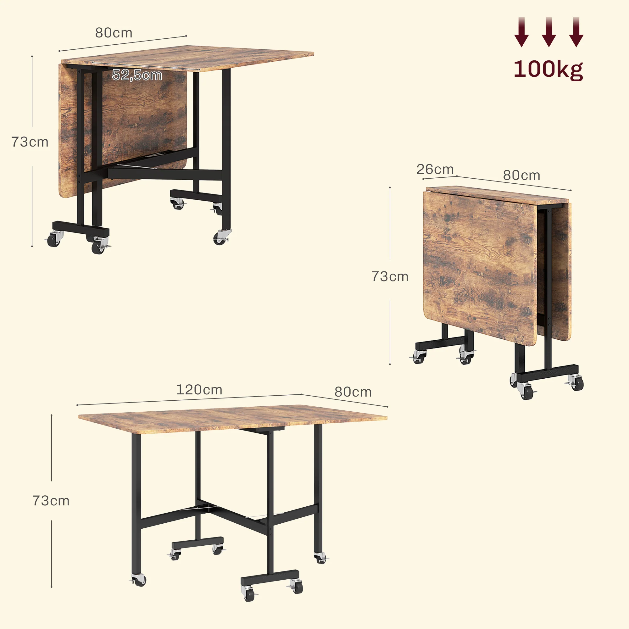 Table pliante cuisine, table à manger pliable, avec 2 abattants, 6 roues avec freins, pour 4-6 personnes, charge 100 kg, pieds en acier, 120 x 80 x 73 cm, brun rustique - Image 4