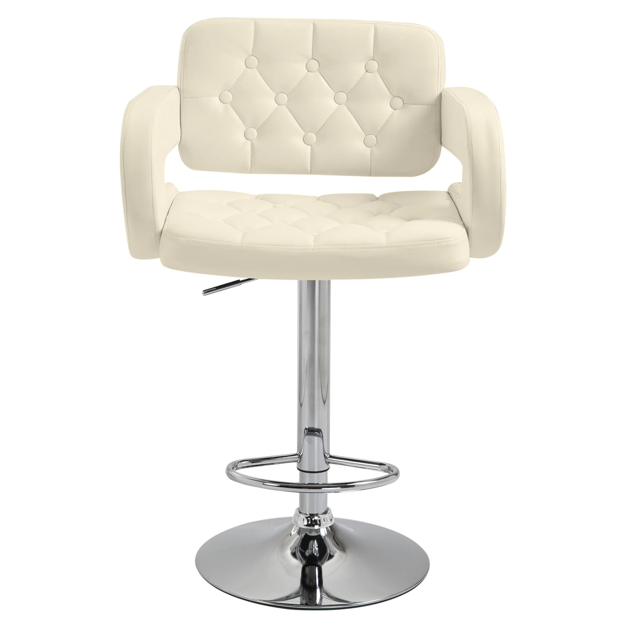 Tabouret de bar pivotant à 360°, chaise de bar réglable en hauteur avec dossier rembourrée, repose-pieds et accoudoirs, chaise haute cuisine en PU et métal pour salle à manger, comptoir, blanc
