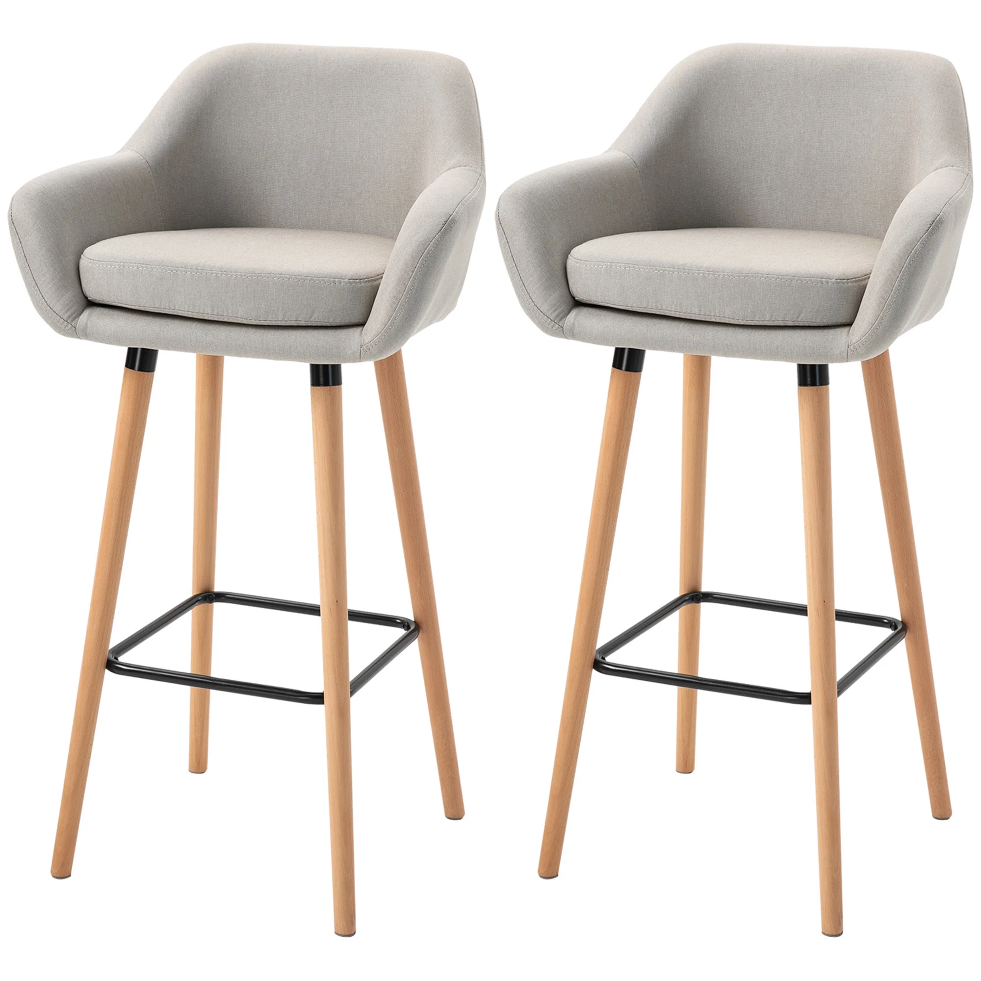Tabourets de Bar Design scandinave - Lot de 2 tabourets de Bar Grand Confort avec Repose-Pieds et accoudoirs - Bois massif Lin Beige