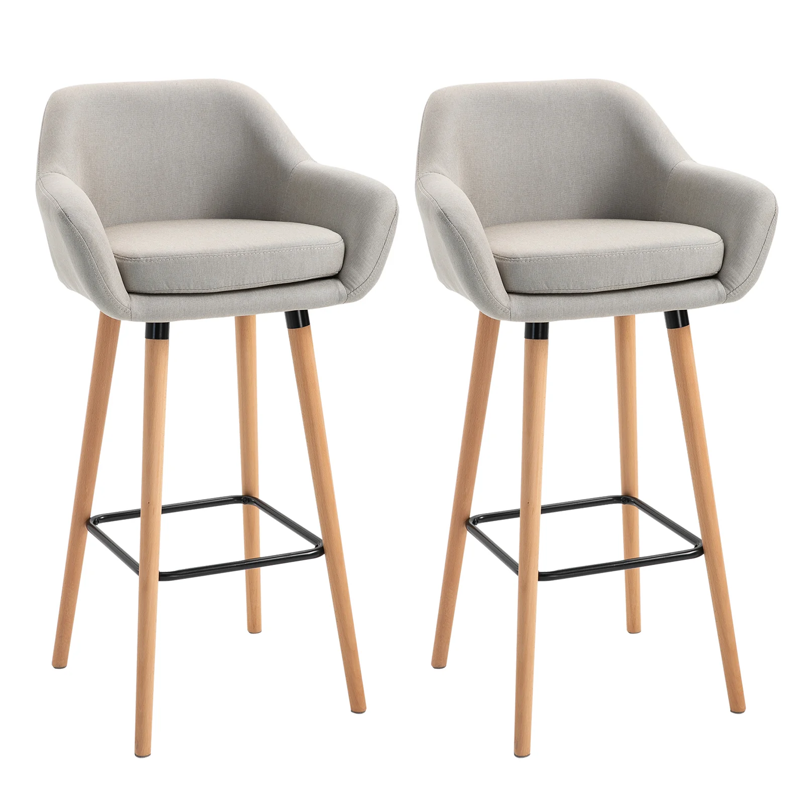Tabourets de Bar Design scandinave - Lot de 2 tabourets de Bar Grand Confort avec Repose-Pieds et accoudoirs - Bois massif Lin Beige - Image 11