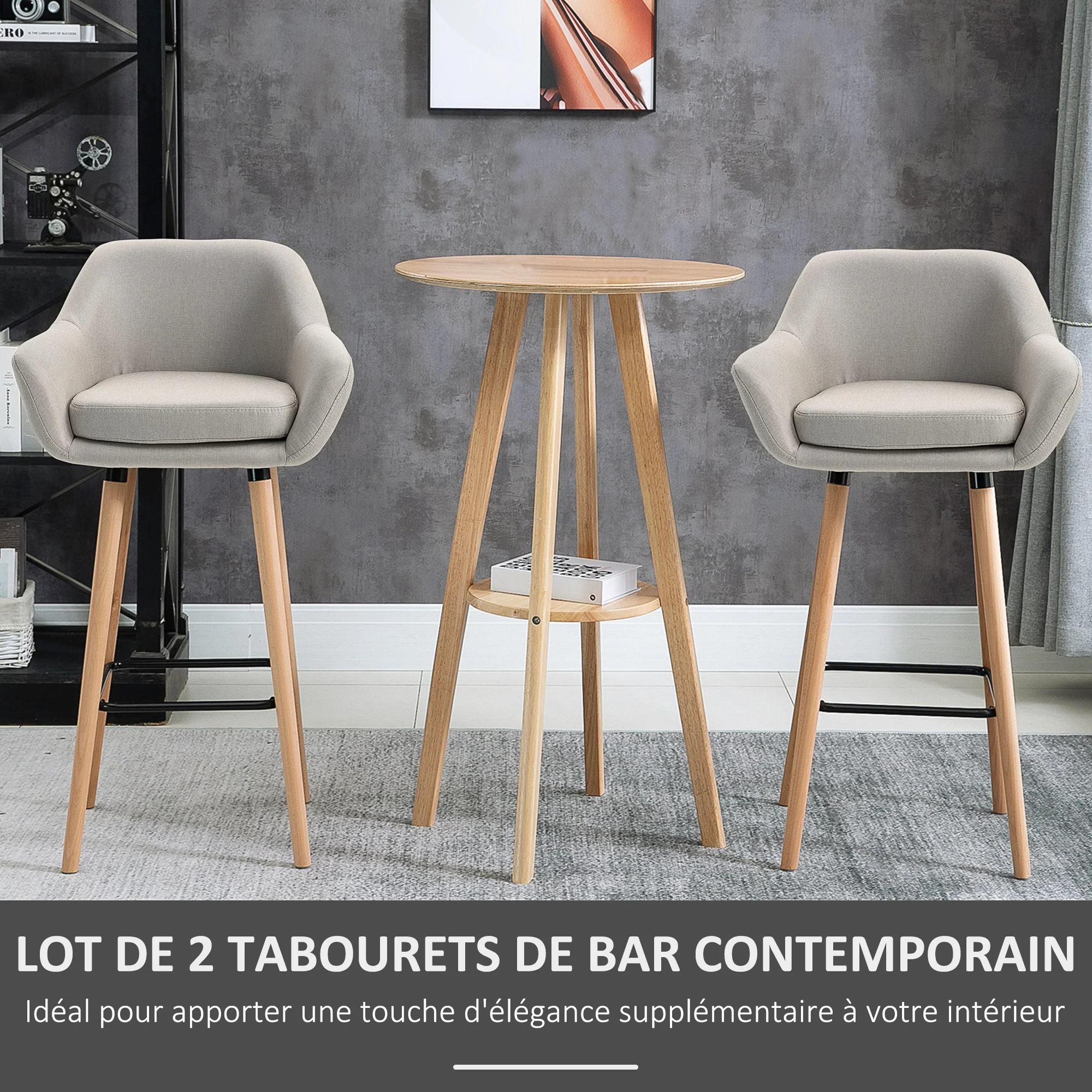 Tabourets de Bar Design scandinave - Lot de 2 tabourets de Bar Grand Confort avec Repose-Pieds et accoudoirs - Bois massif Lin Beige - Image 5