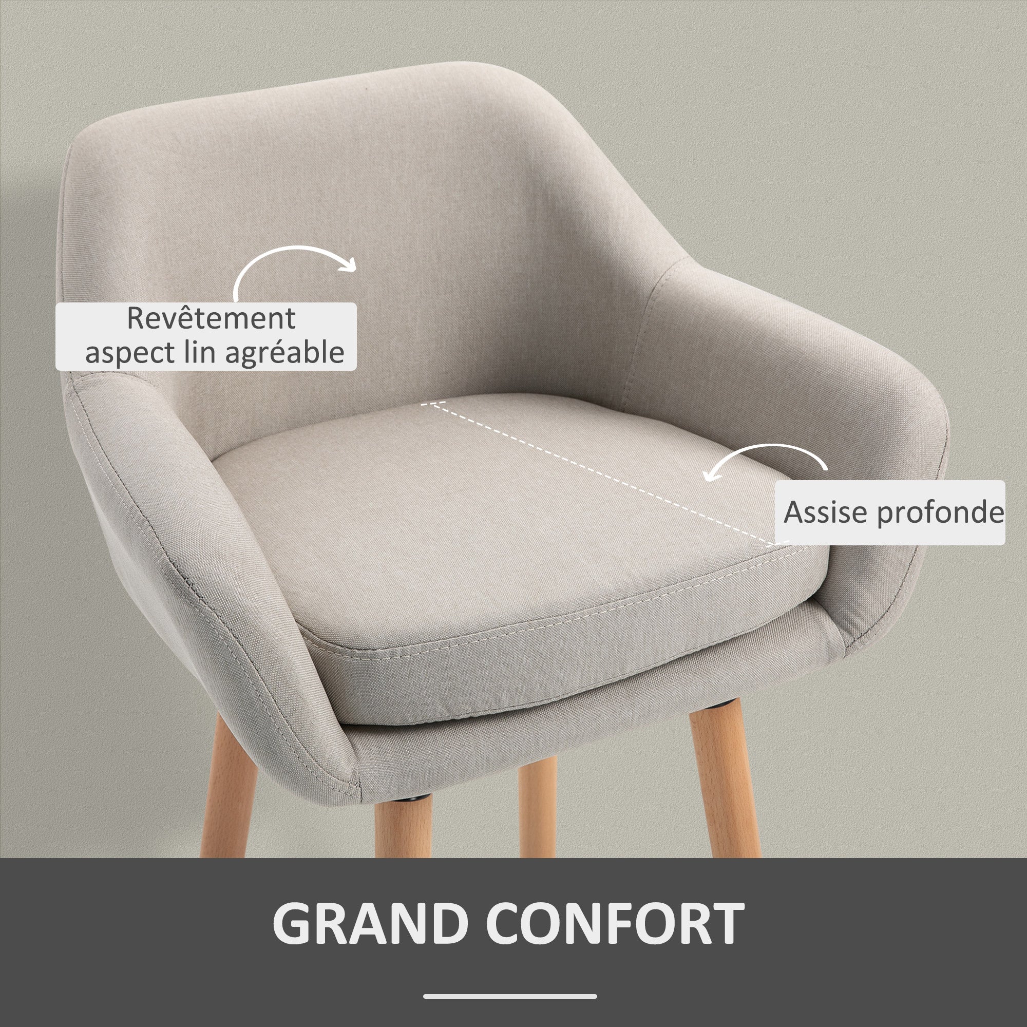 Tabourets de Bar Design scandinave - Lot de 2 tabourets de Bar Grand Confort avec Repose-Pieds et accoudoirs - Bois massif Lin Beige - Image 6