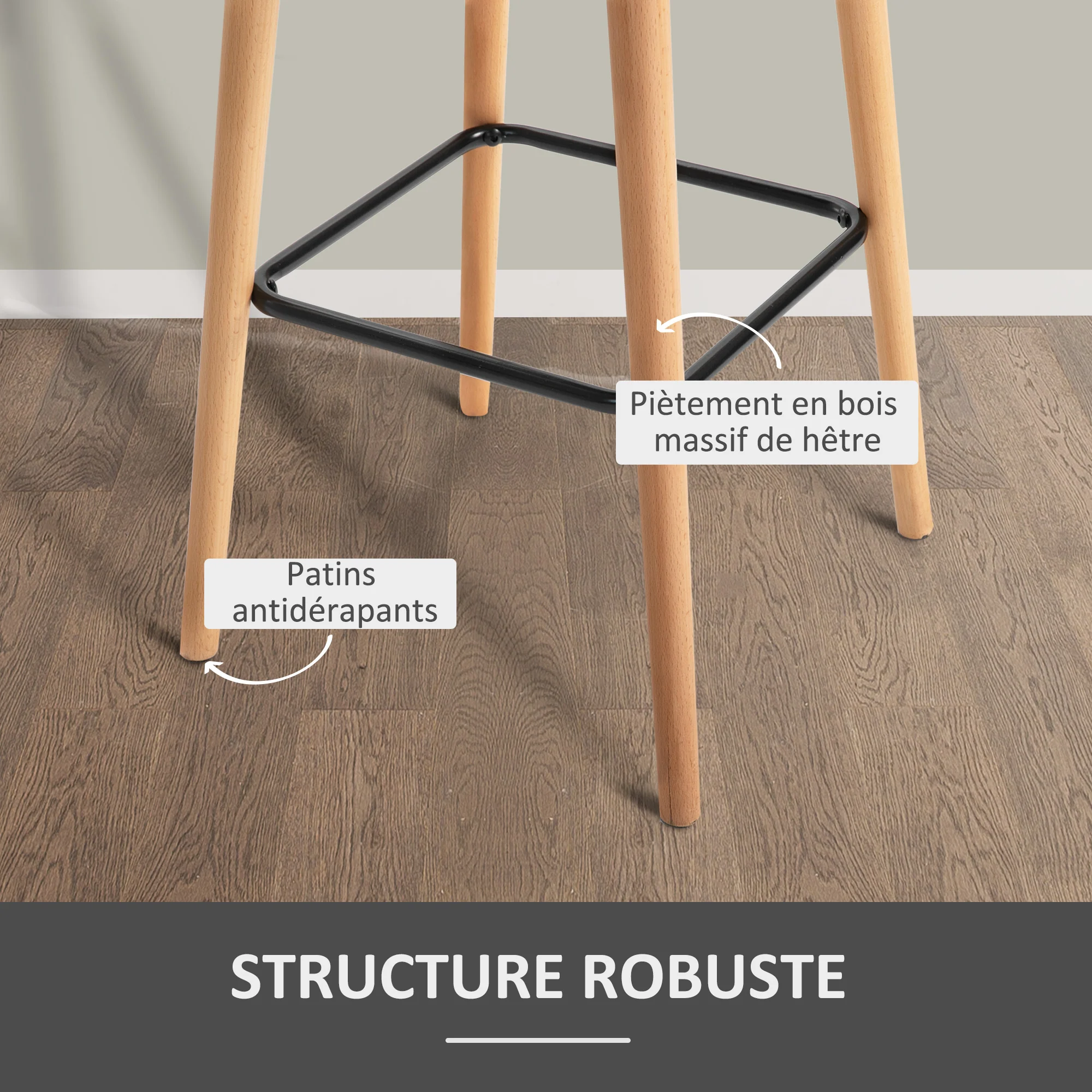 Tabourets de Bar Design scandinave - Lot de 2 tabourets de Bar Grand Confort avec Repose-Pieds et accoudoirs - Bois massif Lin Beige - Image 7