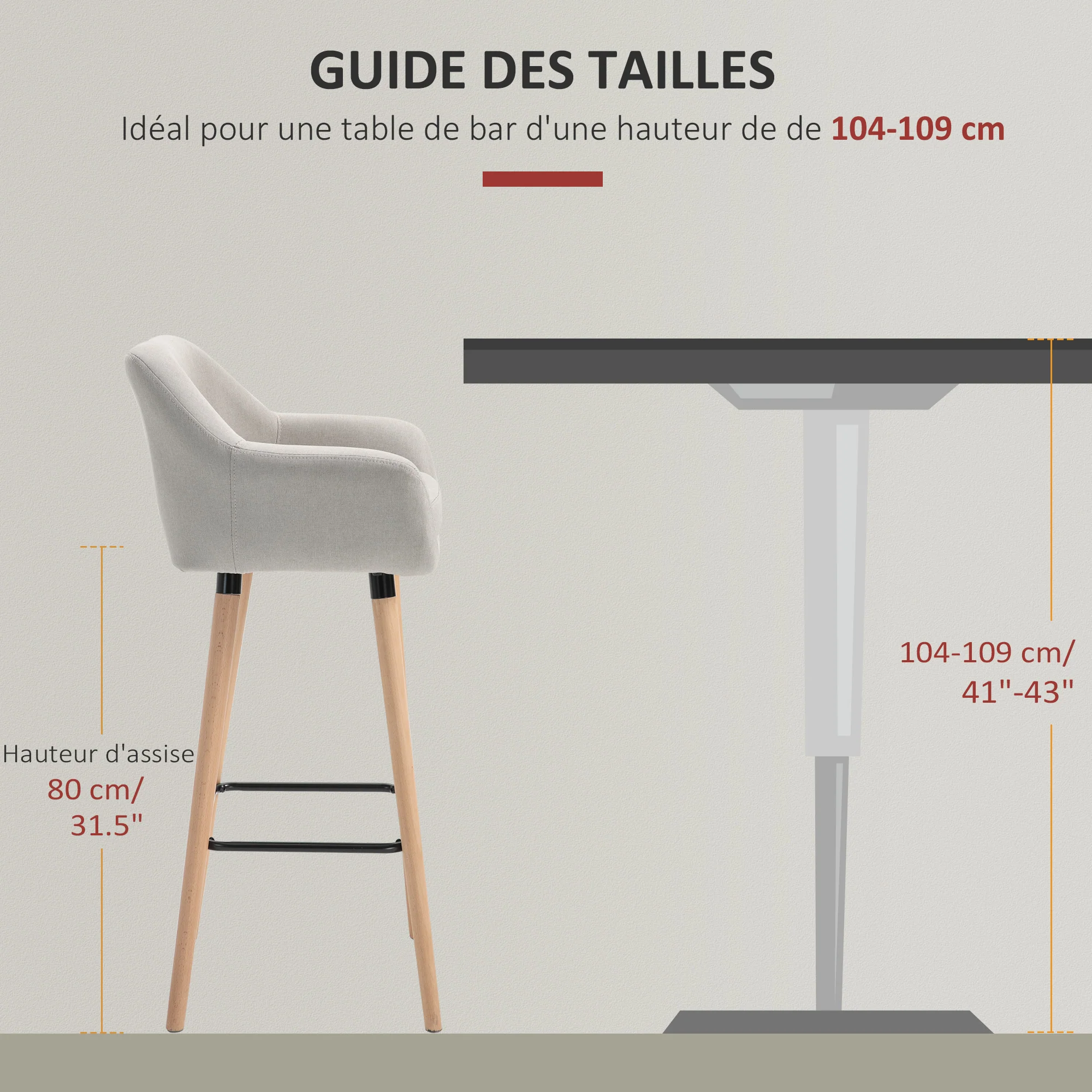 Tabourets de Bar Design scandinave - Lot de 2 tabourets de Bar Grand Confort avec Repose-Pieds et accoudoirs - Bois massif Lin Beige - Image 8