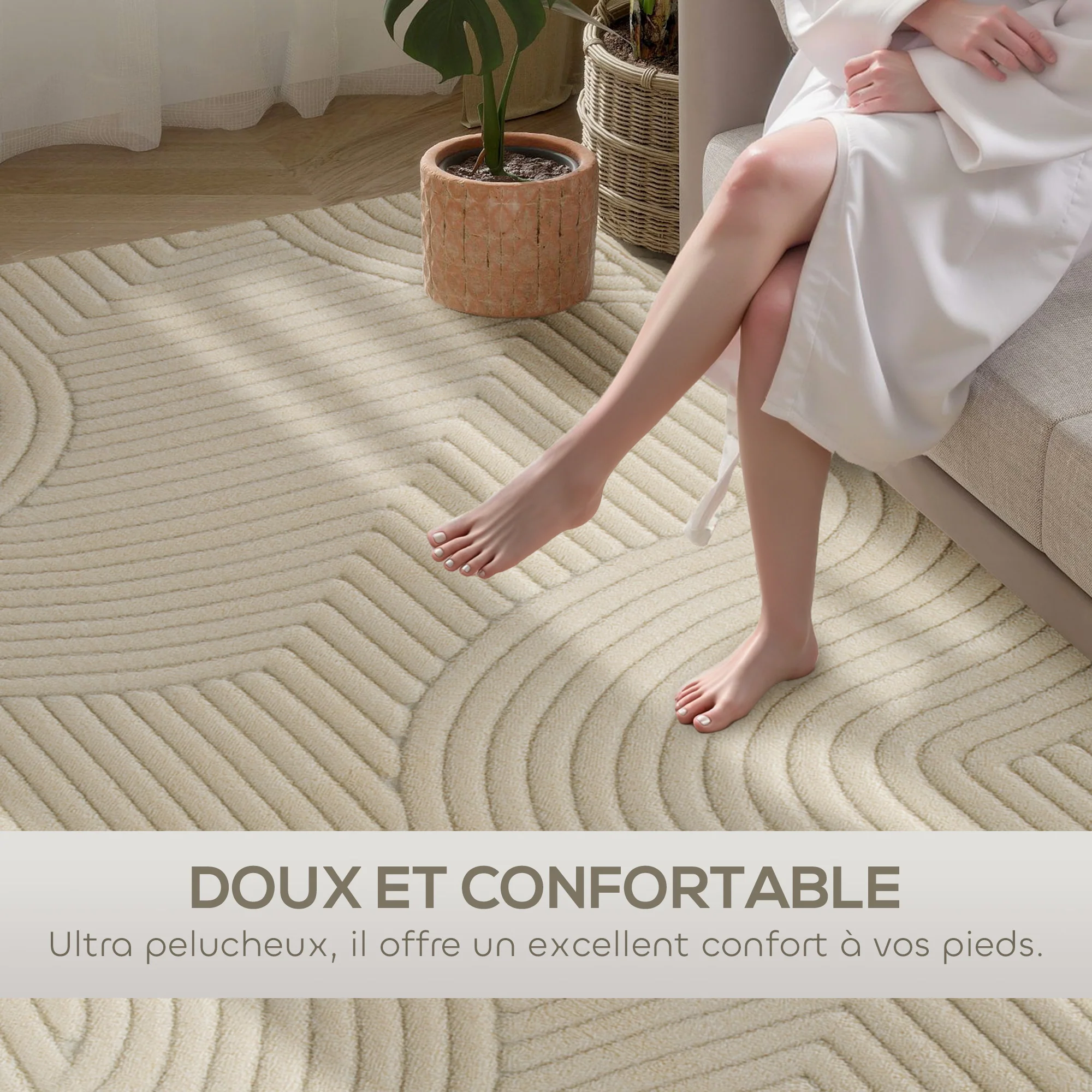 Tapis salon 160 x 120 cm, tapis à poils épais géométrique, moelleux et antidérapant, style moderne, pour salon, chambre à coucher, bureau, crème - Image 5
