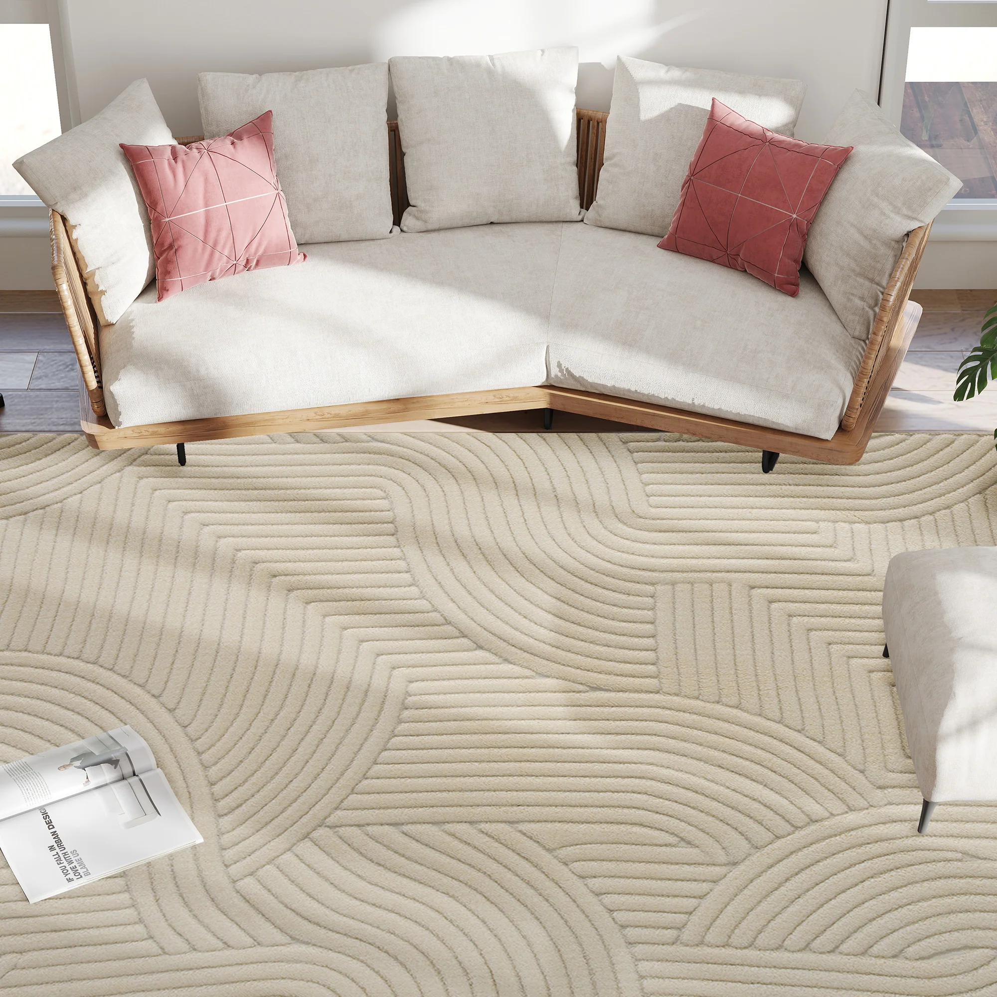 Tapis salon 160 x 120 cm, tapis à poils épais géométrique, moelleux et antidérapant, style moderne, pour salon, chambre à coucher, bureau, crème - Image 9