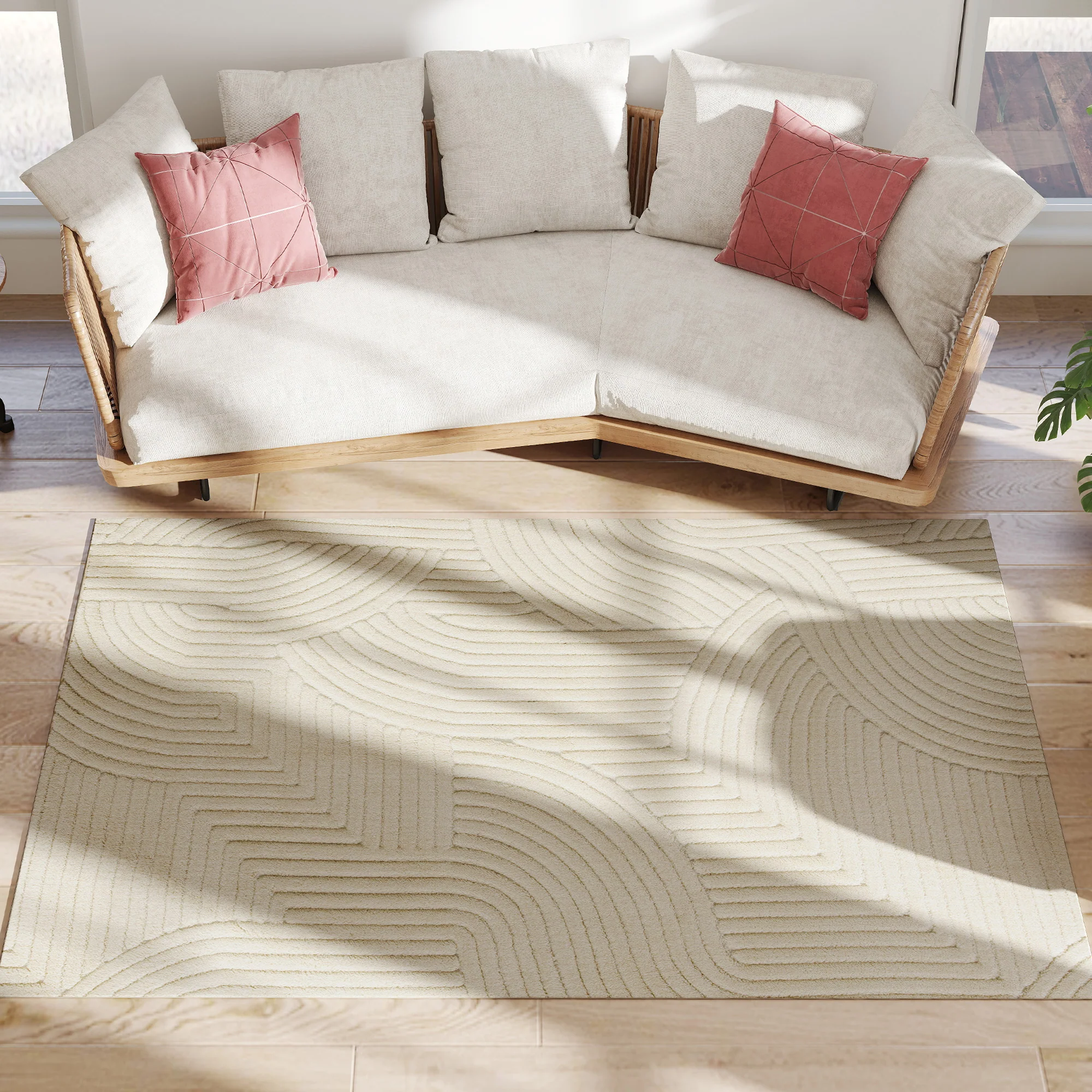 Tapis salon 200 x 140 cm, tapis à poils épais géométrique, moelleux et antidérapant, style moderne, pour salon, chambre à coucher, bureau, crème