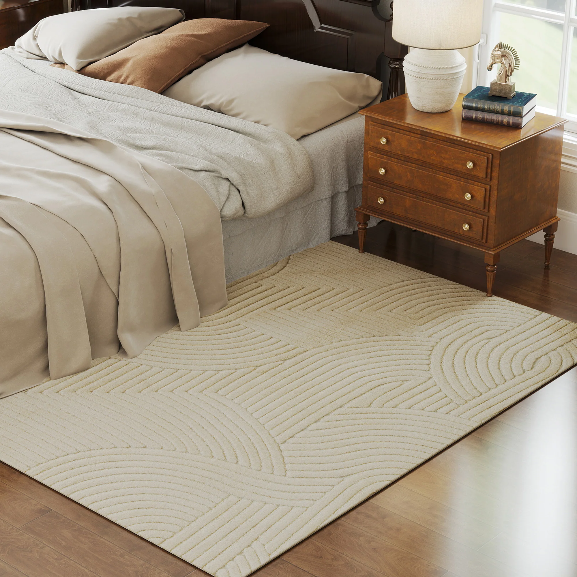Tapis salon 200 x 140 cm, tapis à poils épais géométrique, moelleux et antidérapant, style moderne, pour salon, chambre à coucher, bureau, crème - Image 3