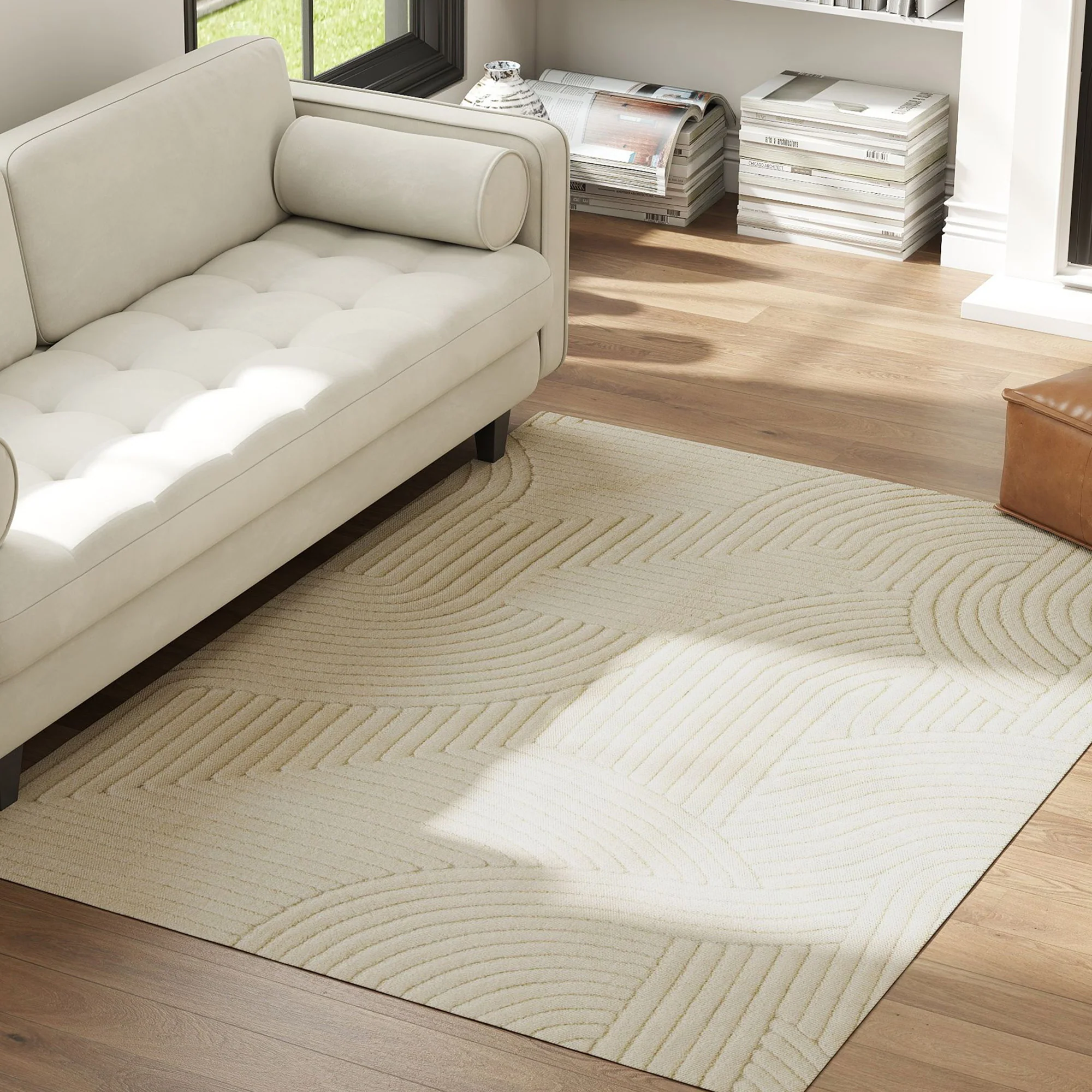 Tapis salon 200 x 140 cm, tapis à poils épais géométrique, moelleux et antidérapant, style moderne, pour salon, chambre à coucher, bureau, crème - Image 9