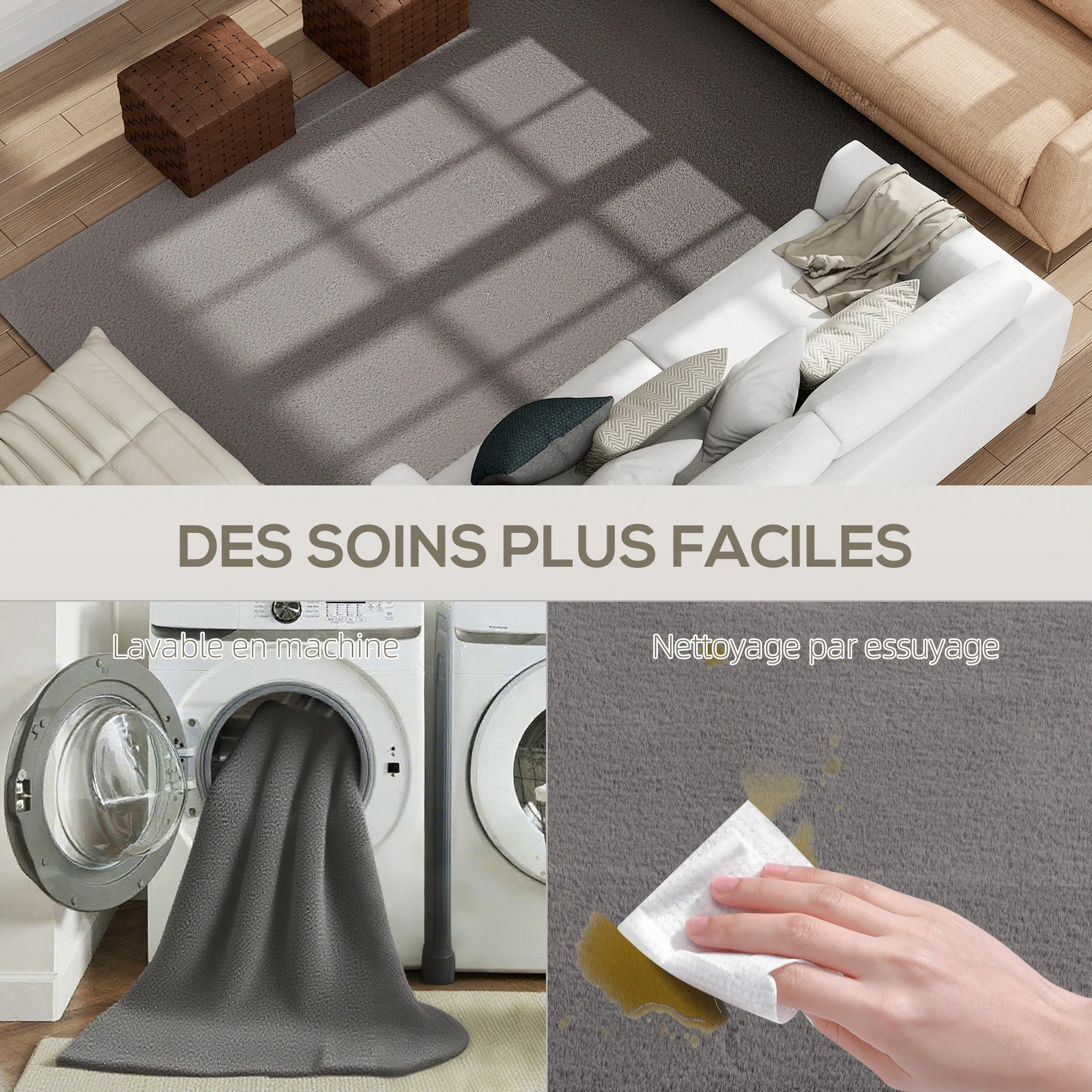 Tapis salon 200 x 140 cm tapis à poils longs, lavable en machine, antidérapant, en fausse fourrure, pour salon, chambre à coucher, bureau, gris clair - Image 6