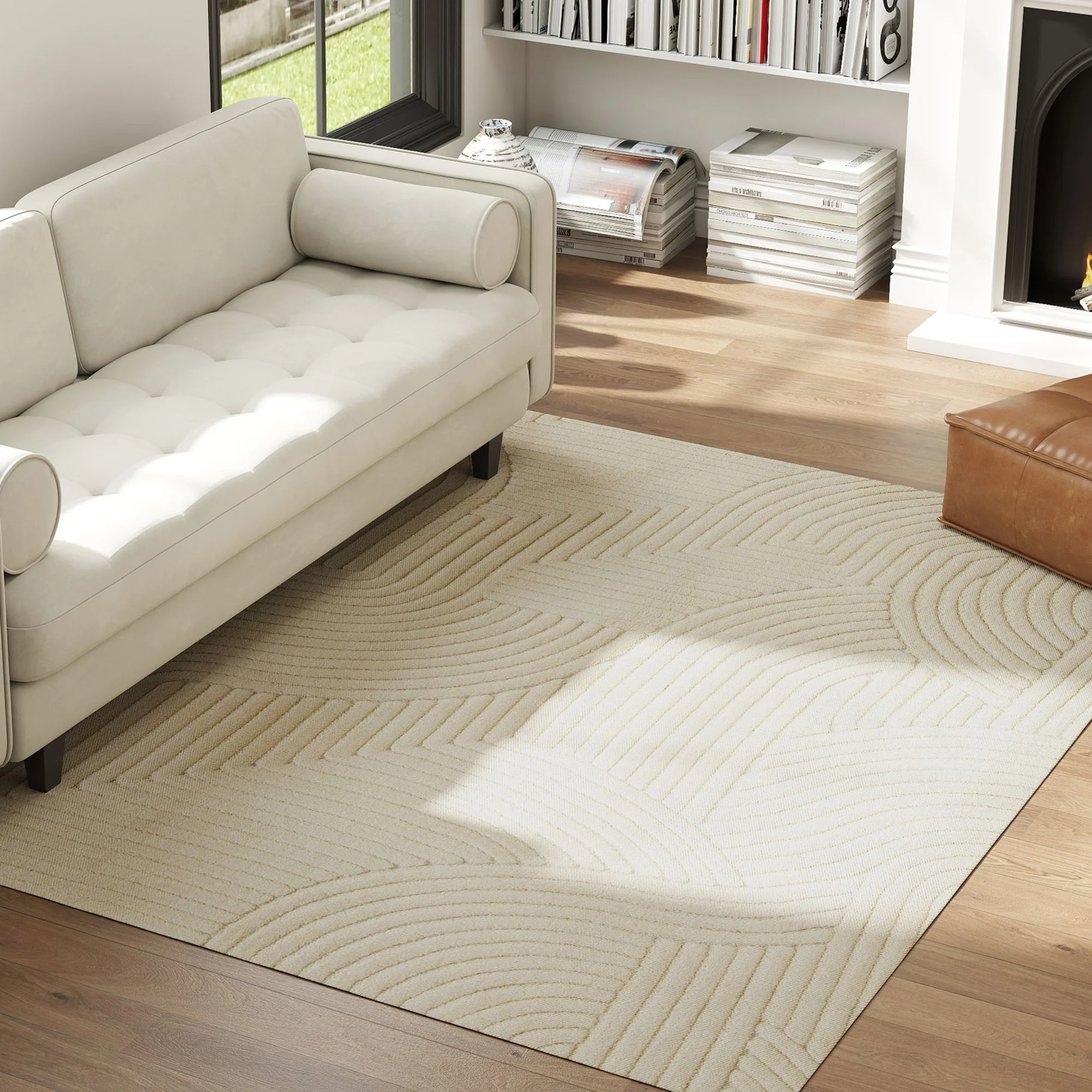 Tapis salon 230 x 160 cm, tapis à poils épais géométrique, moelleux et antidérapant, style moderne, pour salon, chambre à coucher, bureau, crème - Image 9