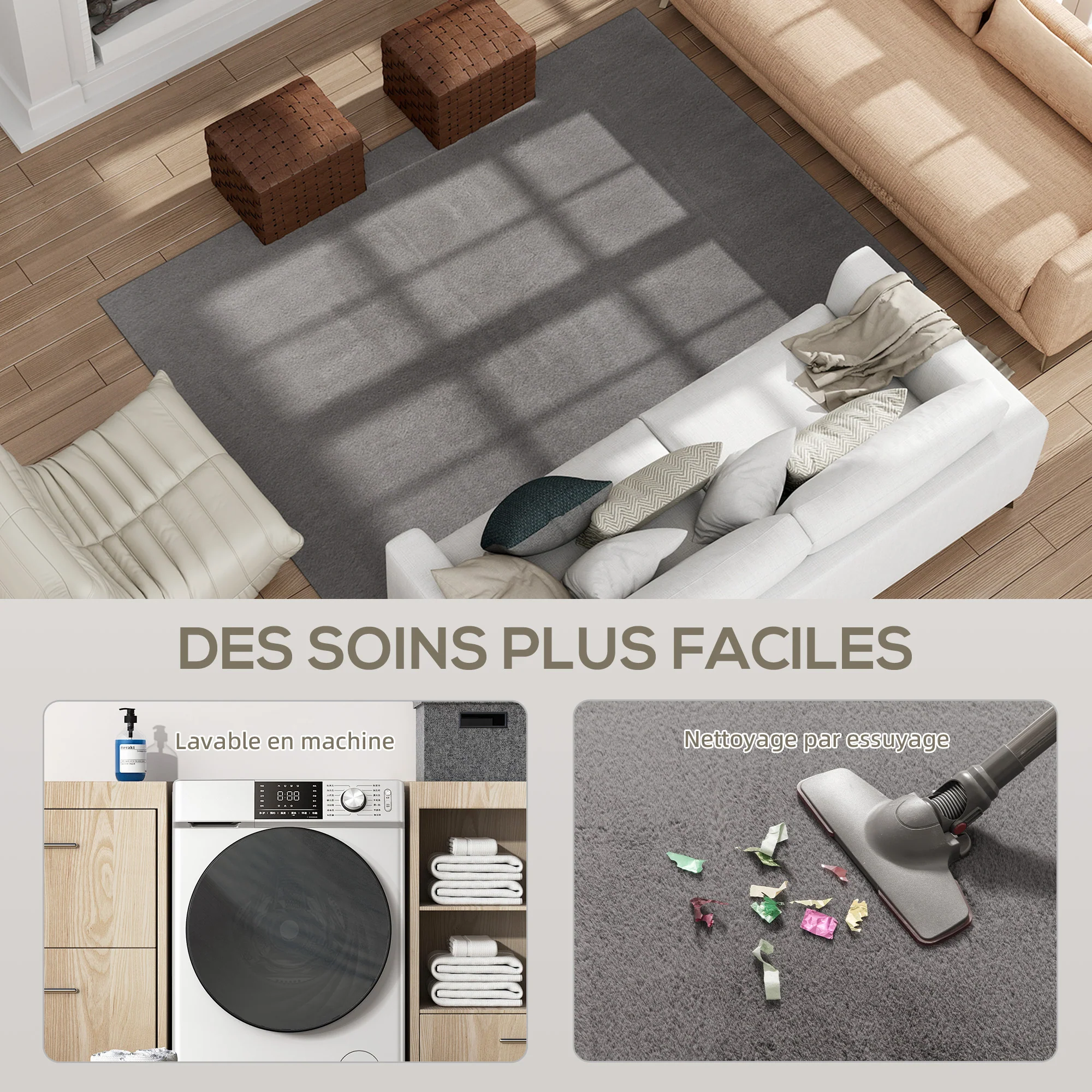 Tapis salon 230 x 160 cm tapis à poils longs, lavable en machine, antidérapant, en fausse fourrure, pour salon, chambre à coucher, bureau, gris clair - Image 6