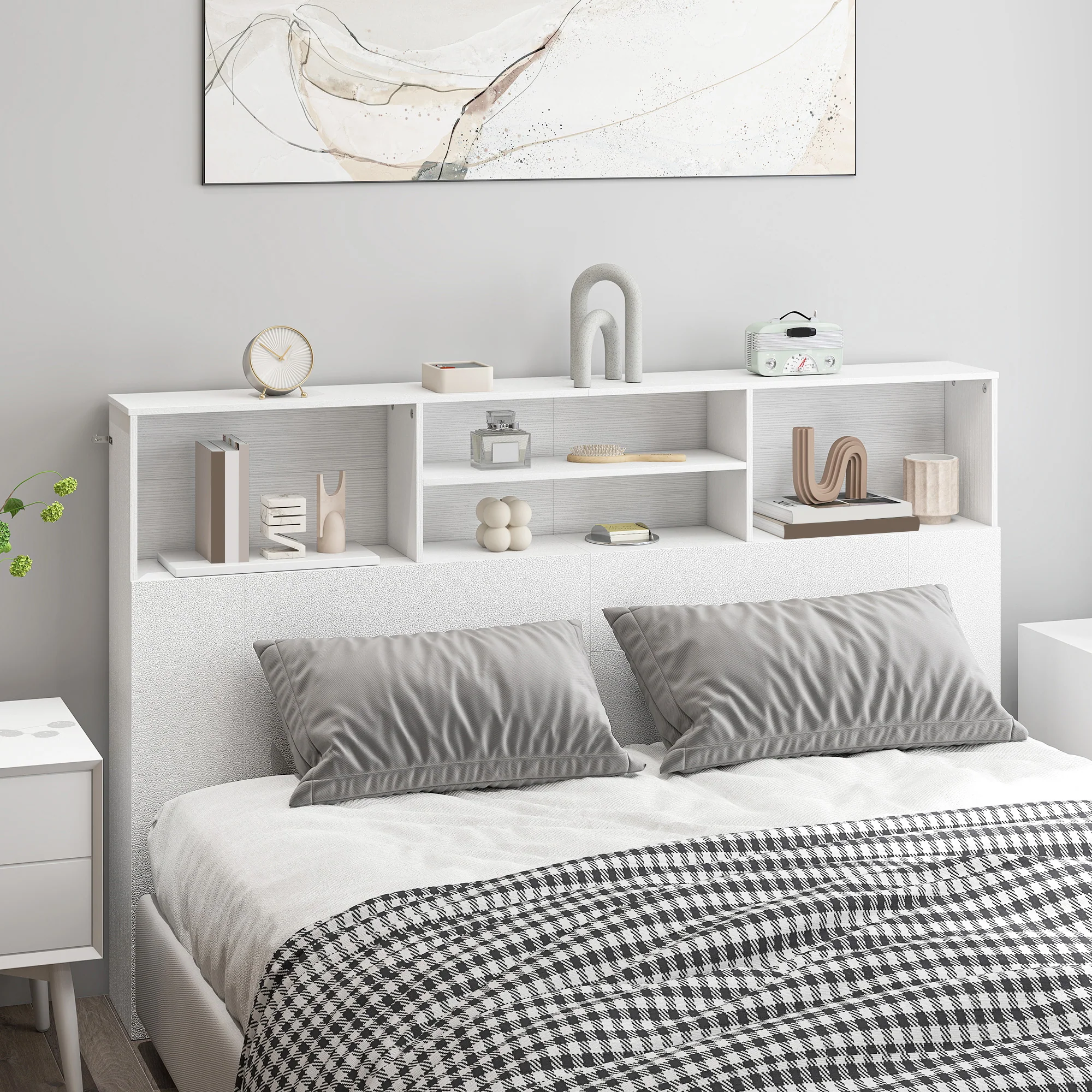 Tête de lit sur pied 160 cm avec rangements, accessoire de lit moderne avec 4 compartiments ouverts pour chambre, 160 x 20,2 x 108,2 cm, blanc - Image 11