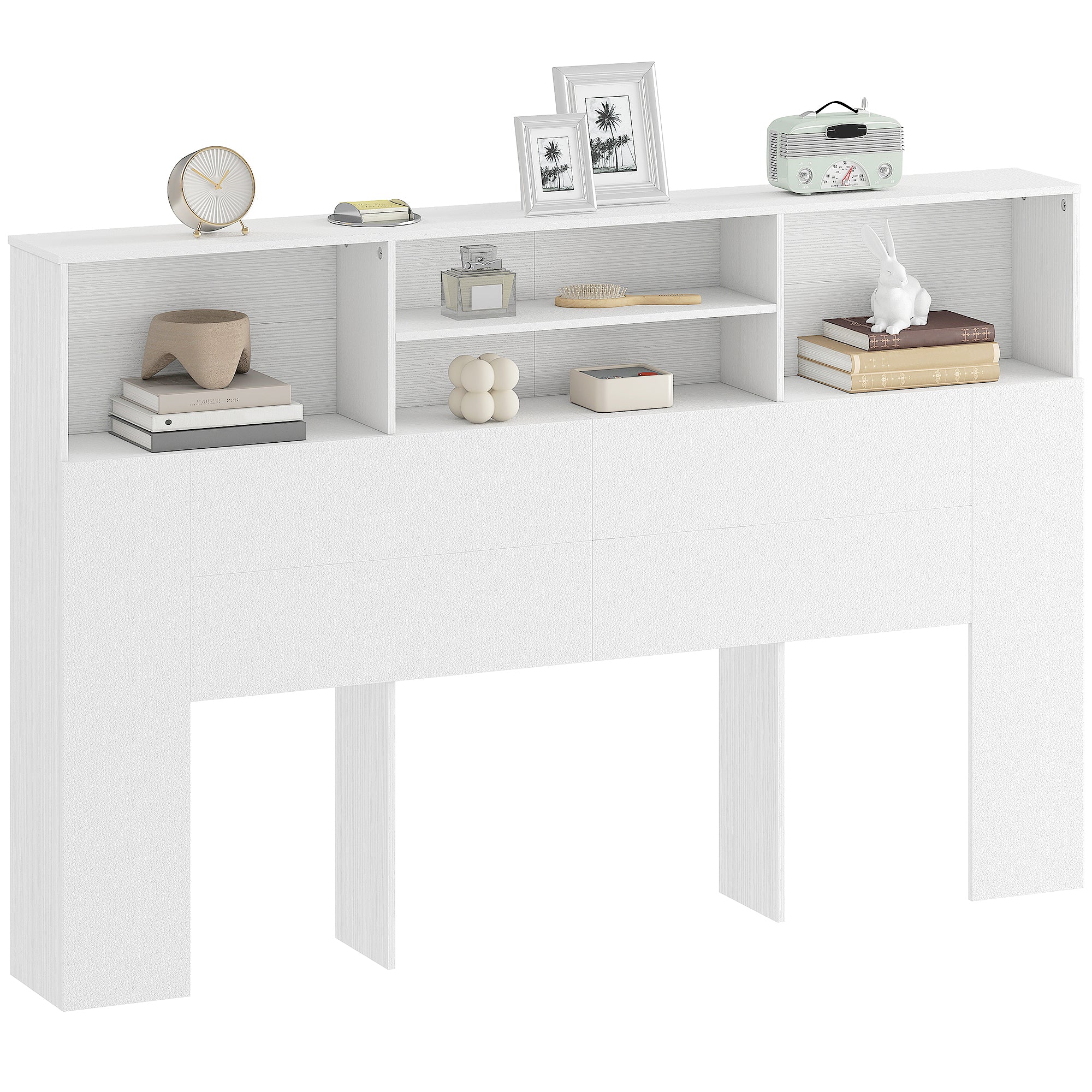 Tête de lit sur pied 160 cm avec rangements, accessoire de lit moderne avec 4 compartiments ouverts pour chambre, 160 x 20,2 x 108,2 cm, blanc - Image 12