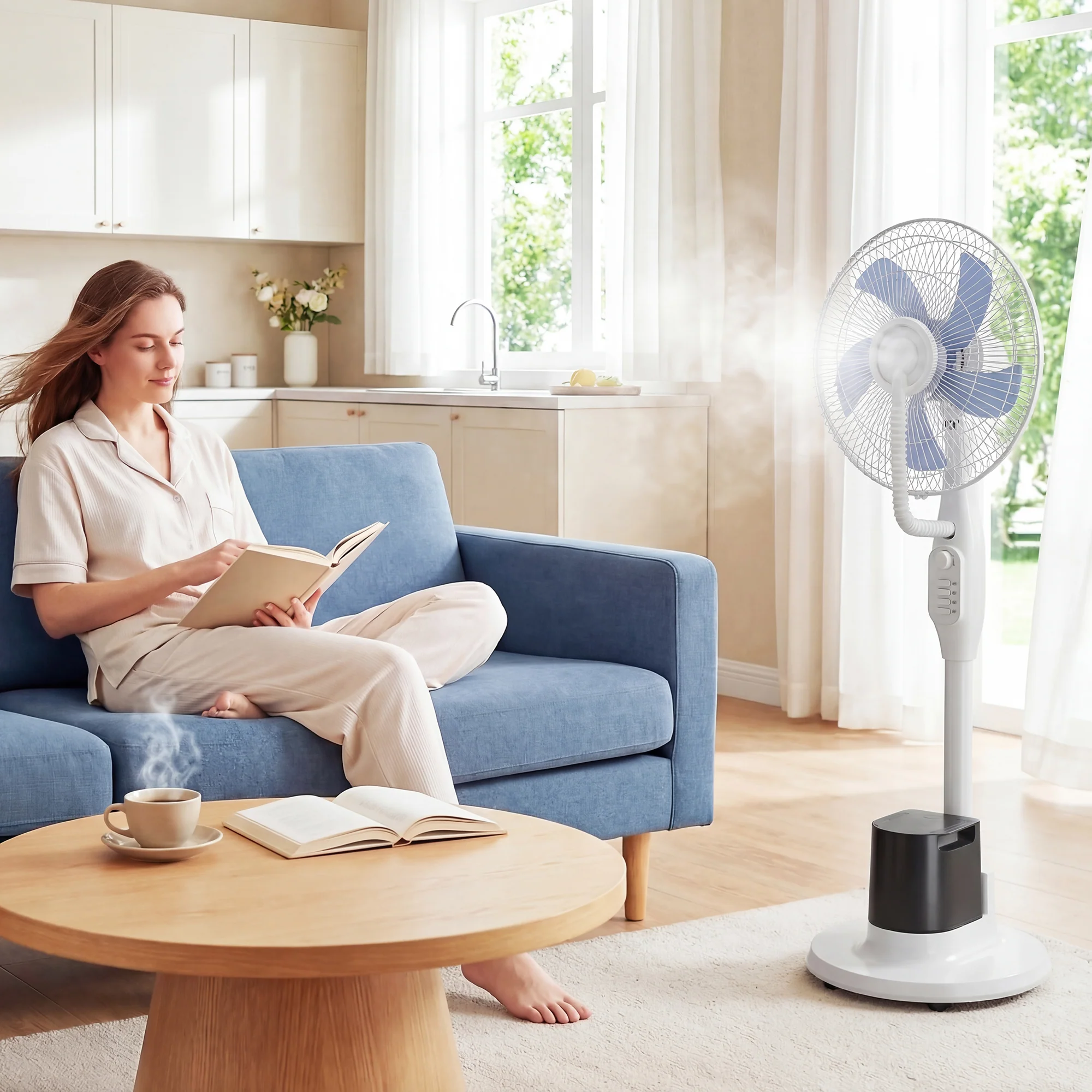 Ventilateur brumisateur 90W, ventilateur sur pied 128cm avec oscillation à 70°, 3 vitesses, réservoir d'eau 3,5 L, 5 roues, pour maison, bureau, blanc - Image 3