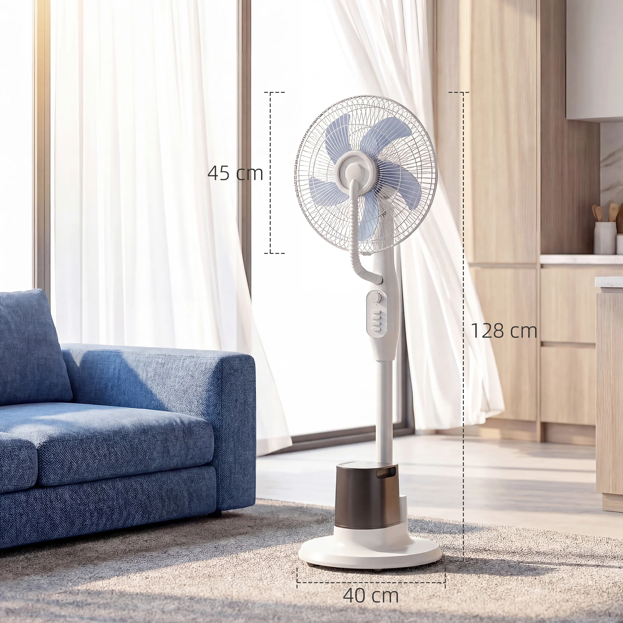Ventilateur brumisateur 90W, ventilateur sur pied 128cm avec oscillation à 70°, 3 vitesses, réservoir d'eau 3,5 L, 5 roues, pour maison, bureau, blanc - Image 4