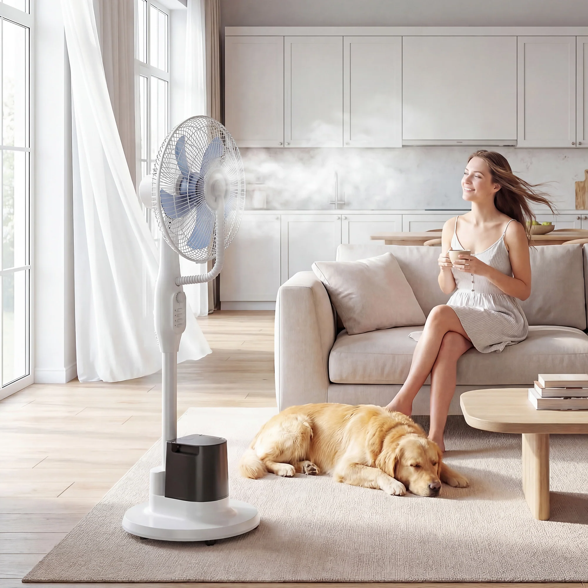 Ventilateur brumisateur 90W, ventilateur sur pied 128cm avec oscillation à 70°, 3 vitesses, réservoir d'eau 3,5 L, 5 roues, pour maison, bureau, blanc - Image 7